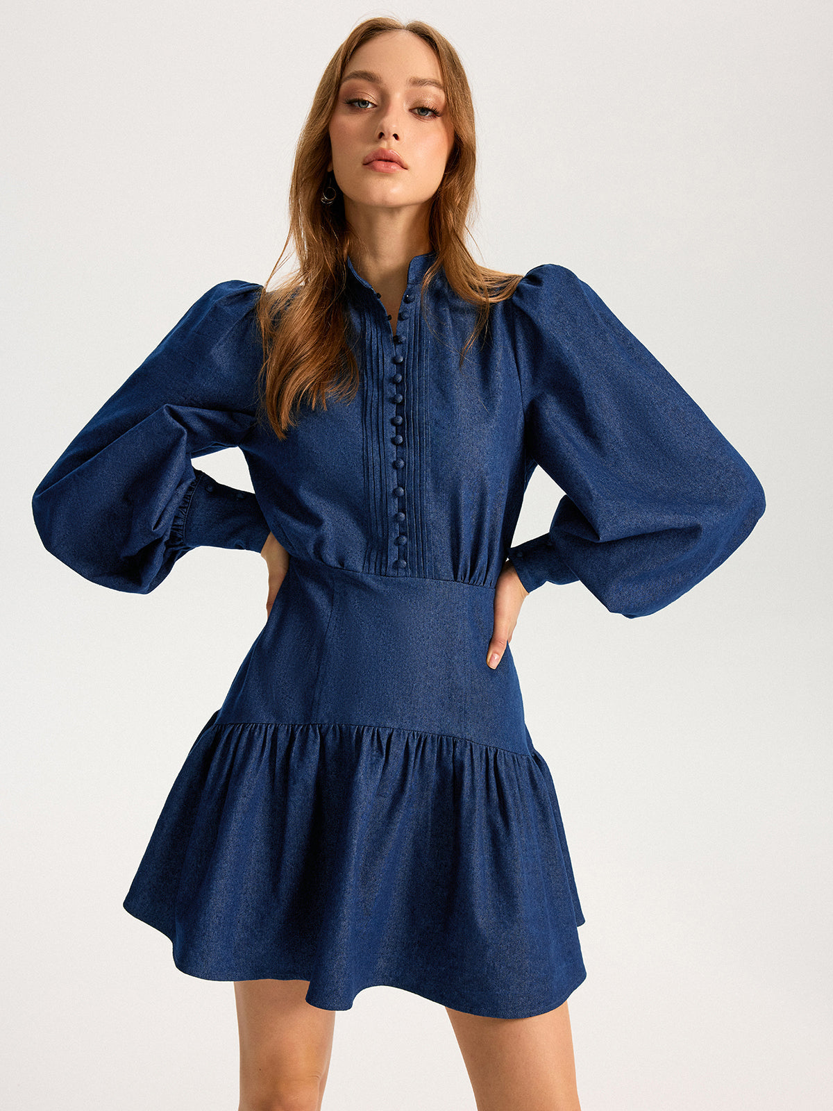 Denim Stand Collar Puff Sleeve Mini Dress for Women, Casual Style