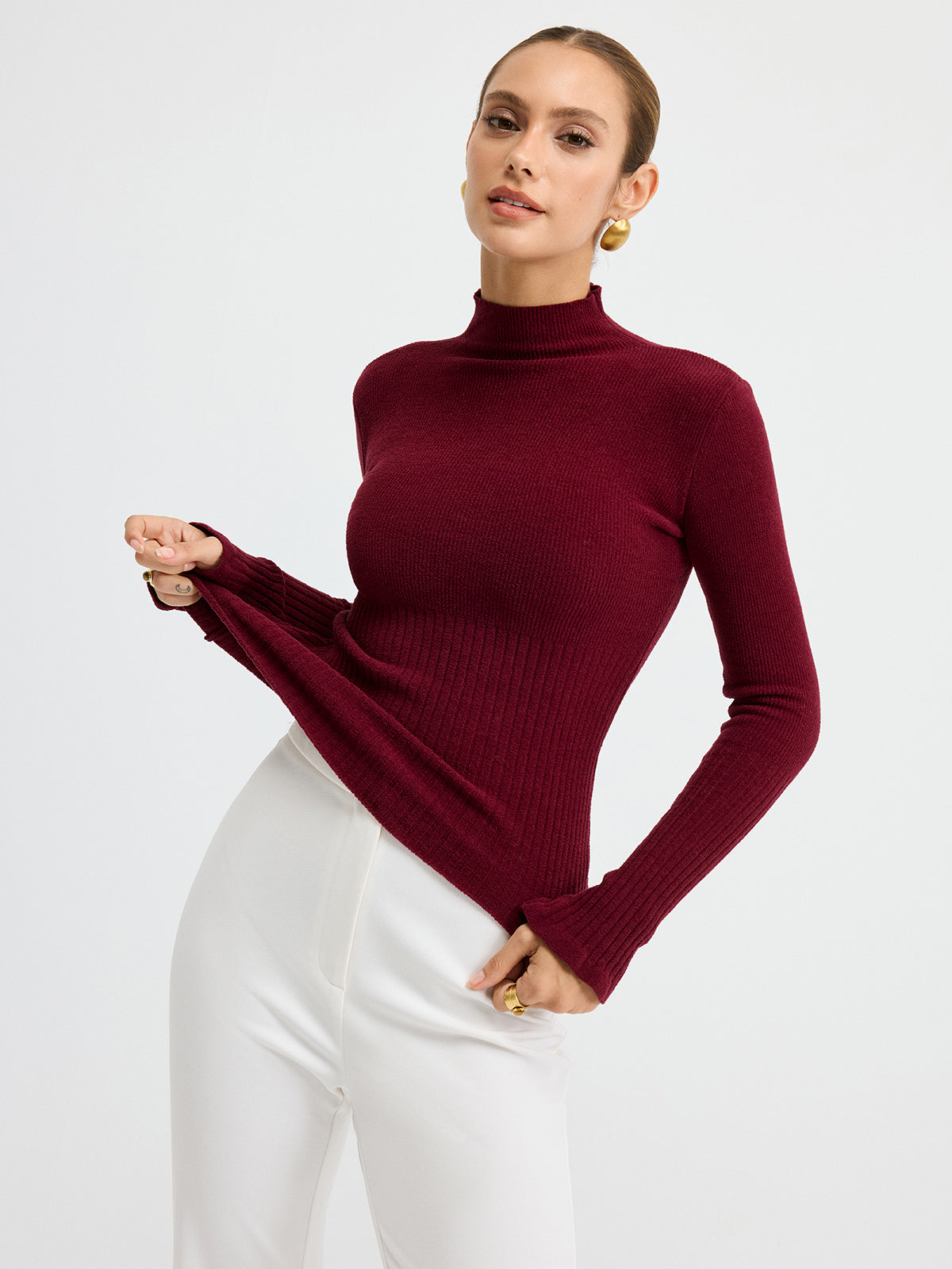 Slim Fit Mock Neck Ribbed Knit Top for Women, Soft Stretchable Fabric