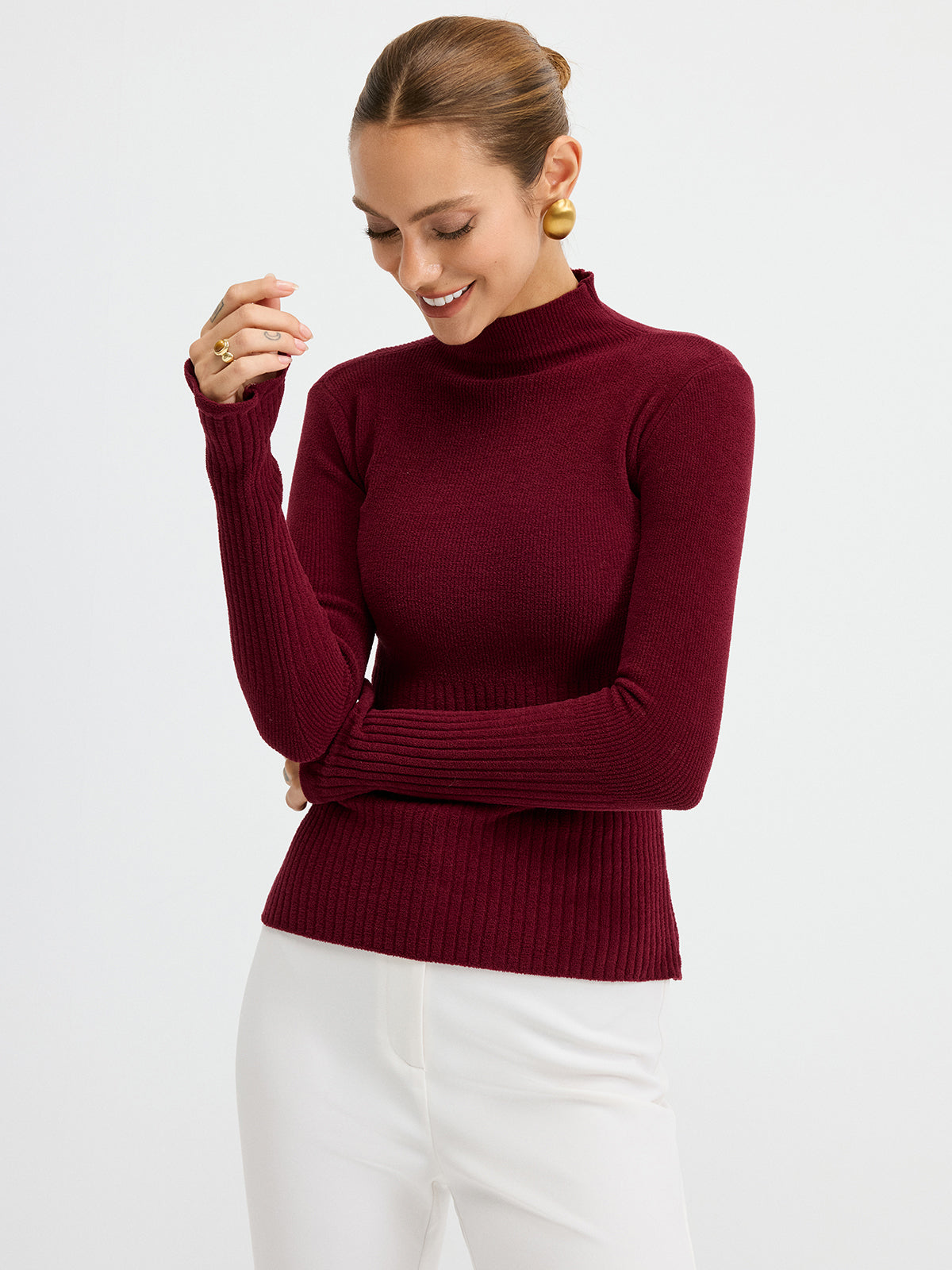 Slim Fit Mock Neck Ribbed Knit Top for Women, Soft Stretchable Fabric