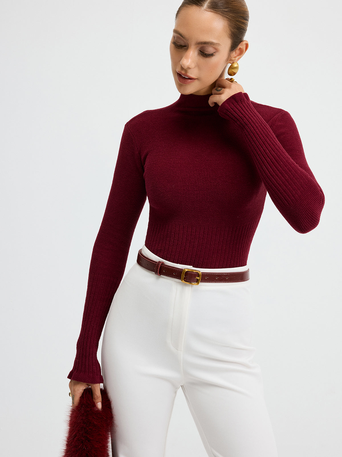 Slim Fit Mock Neck Ribbed Knit Top for Women, Soft Stretchable Fabric