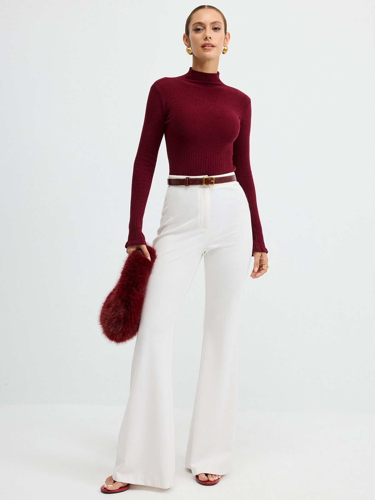 Slim Fit Mock Neck Ribbed Knit Top for Women, Soft Stretchable Fabric
