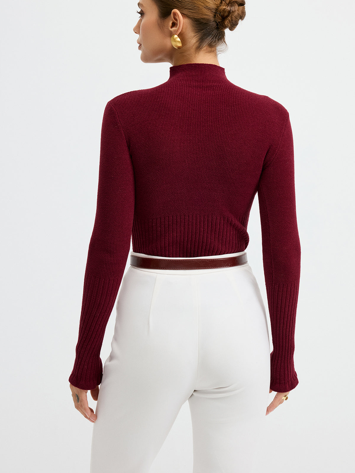 Slim Fit Mock Neck Ribbed Knit Top for Women, Soft Stretchable Fabric