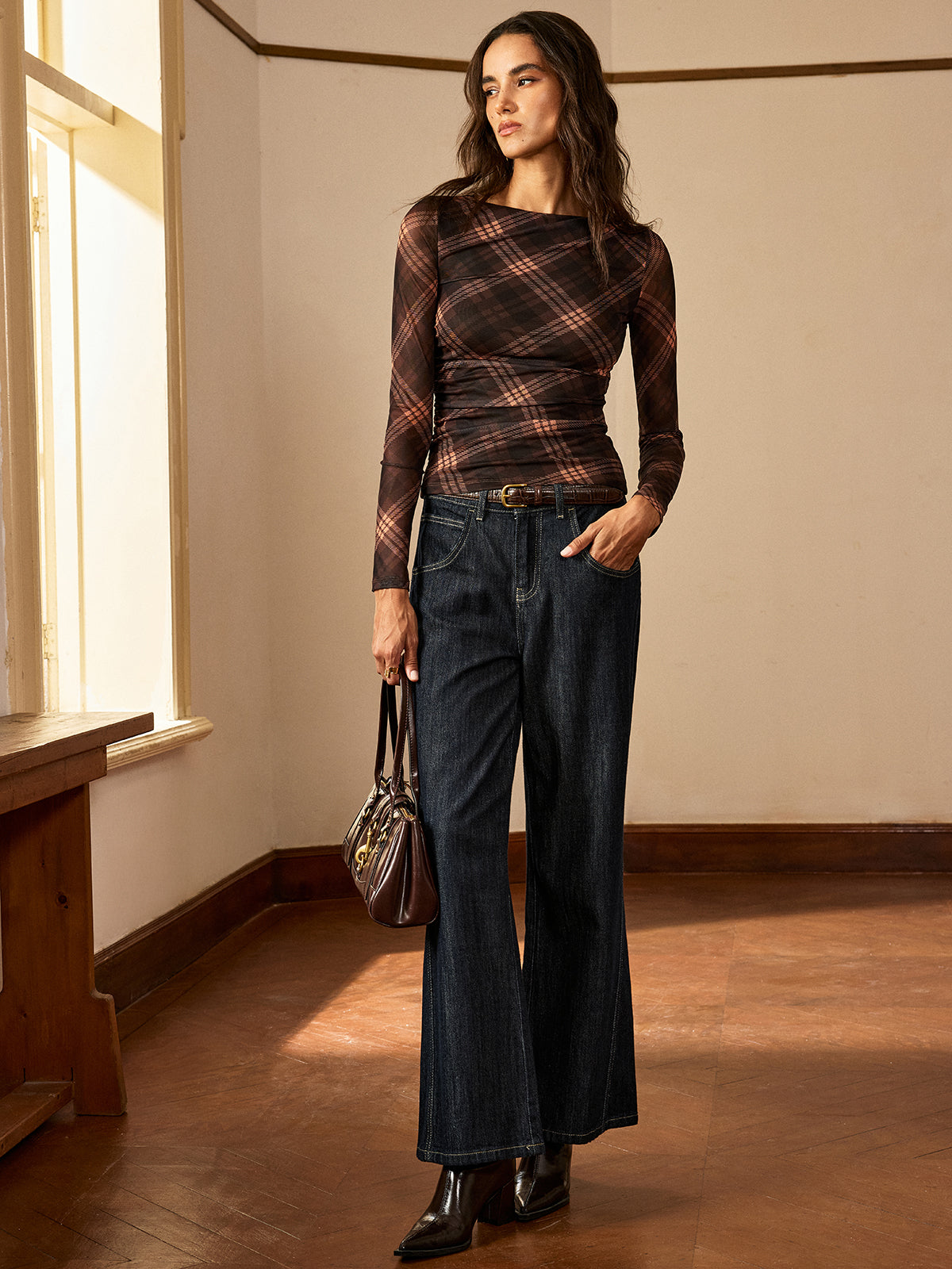 Plaid Mesh Ruched Long Sleeve Top Women's Fashion Casual Fit