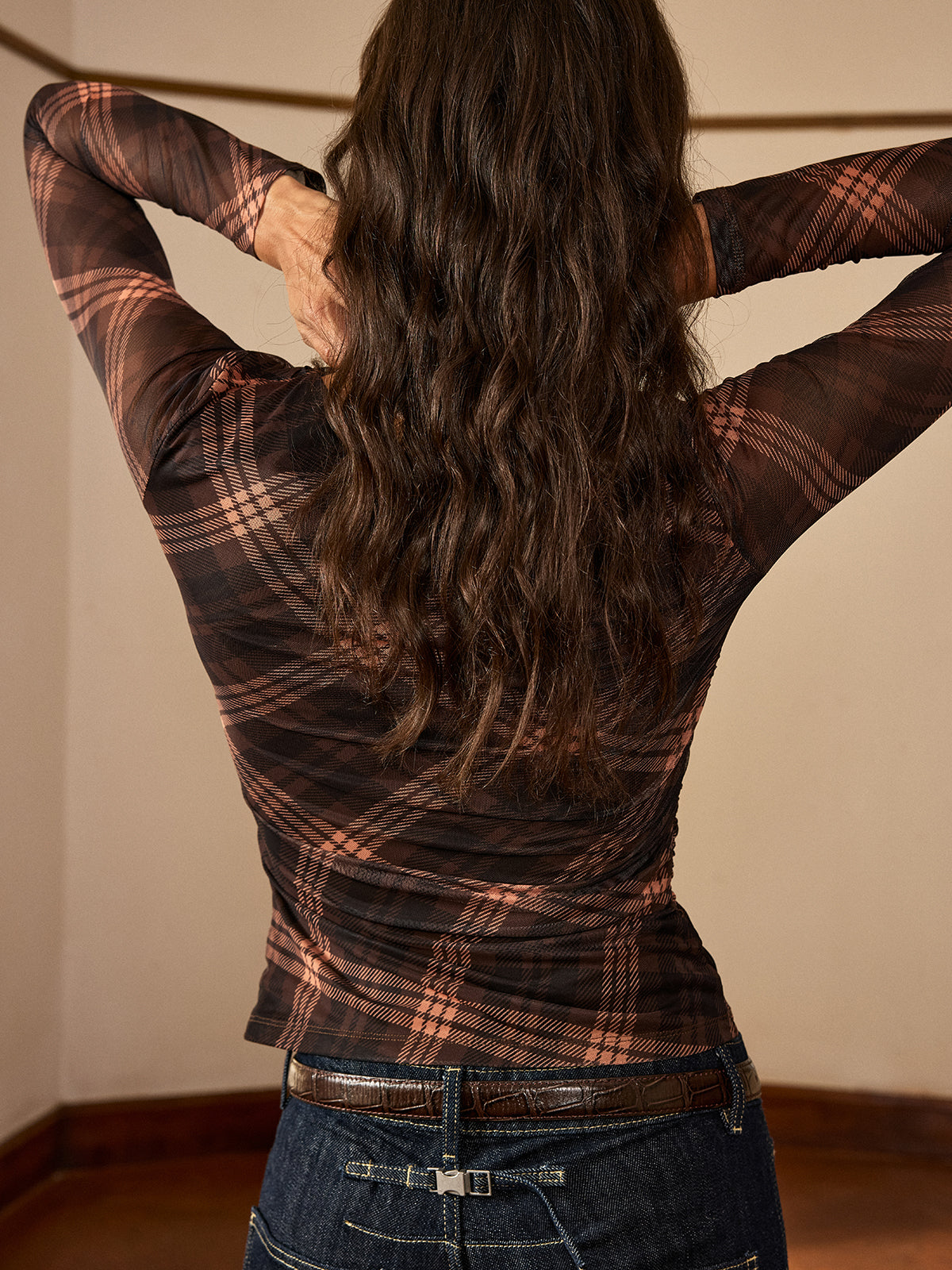 Plaid Mesh Ruched Long Sleeve Top Women's Fashion Casual Fit