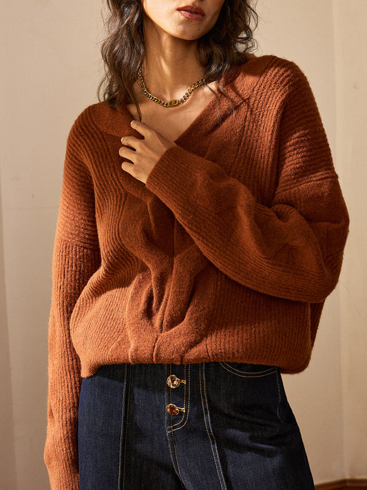 Wool Blend Textured Knit V-Neck Sweater for All Seasons Comfort