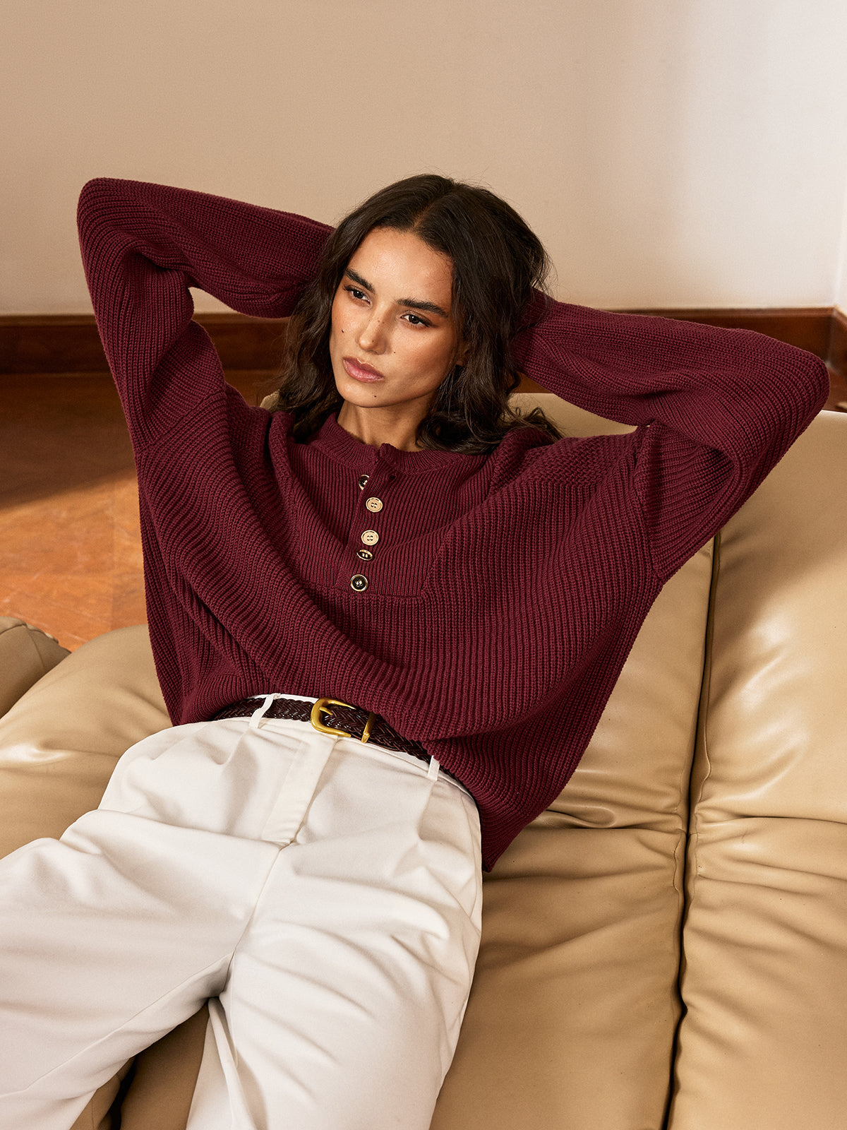 Metal Button-Front Knit Top with Long Sleeves and V-Neck