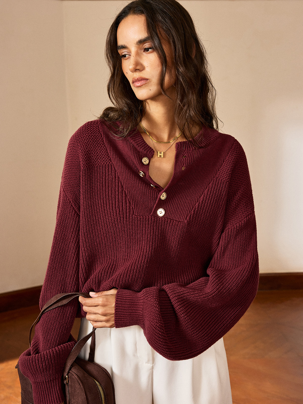 Metal Button-Front Knit Top with Long Sleeves and V-Neck