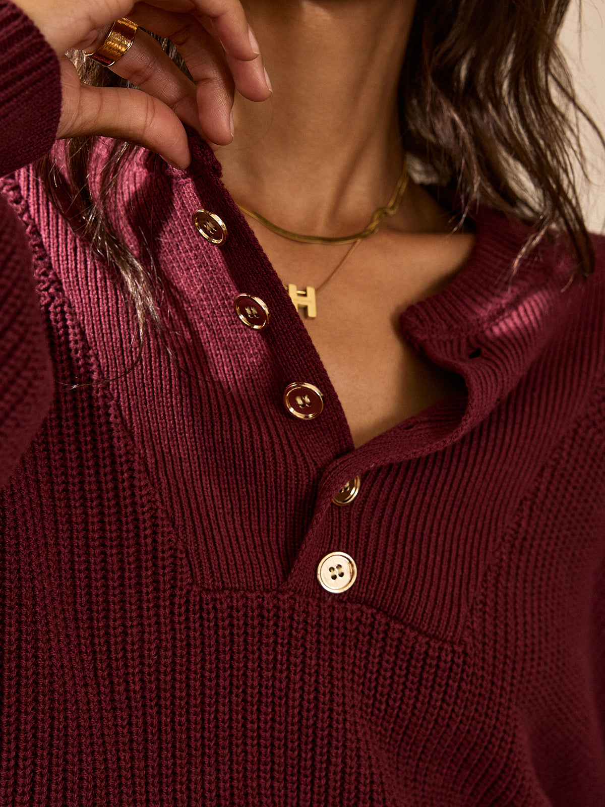 Metal Button-Front Knit Top with Long Sleeves and V-Neck