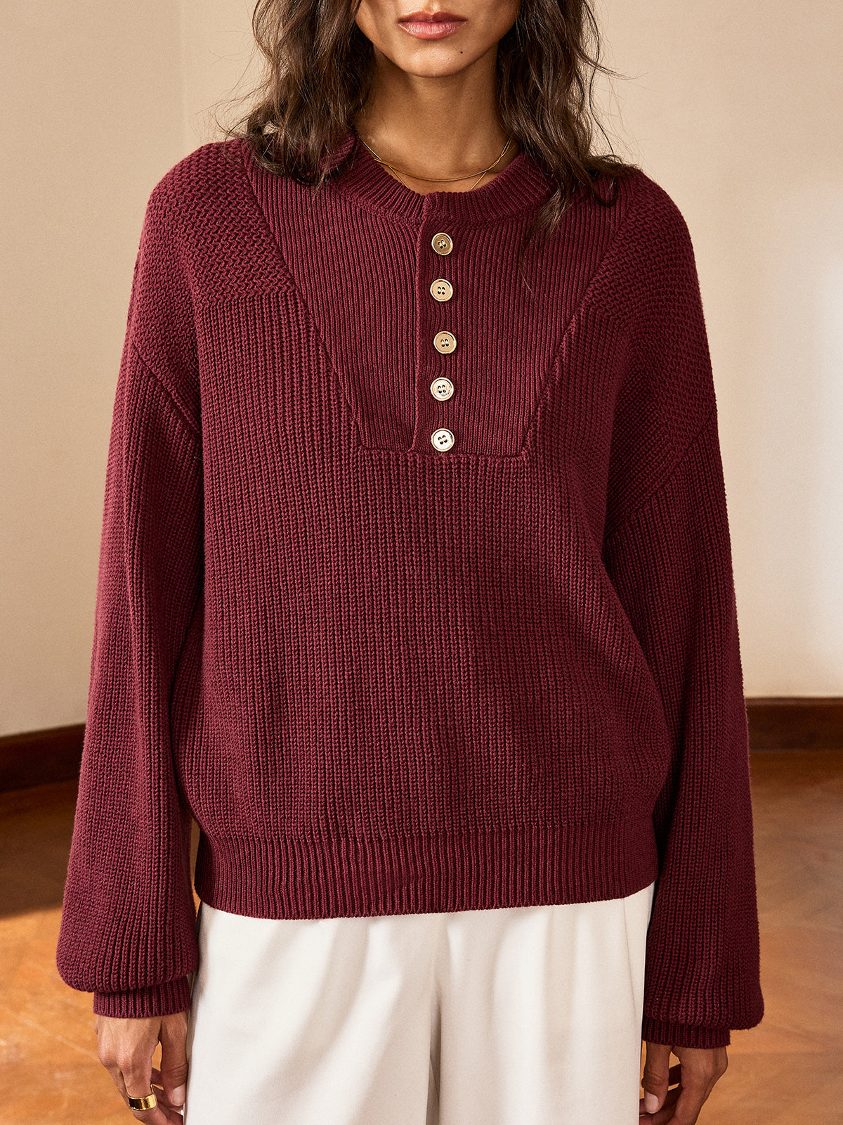 Metal Button-Front Knit Top with Long Sleeves and V-Neck