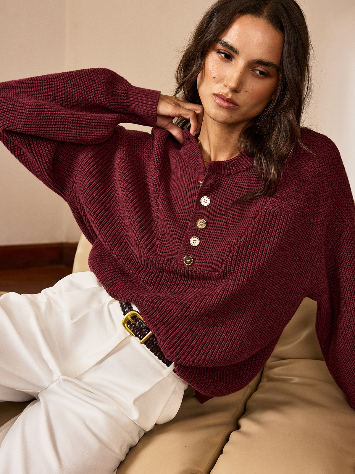 Metal Button-Front Knit Top with Long Sleeves and V-Neck
