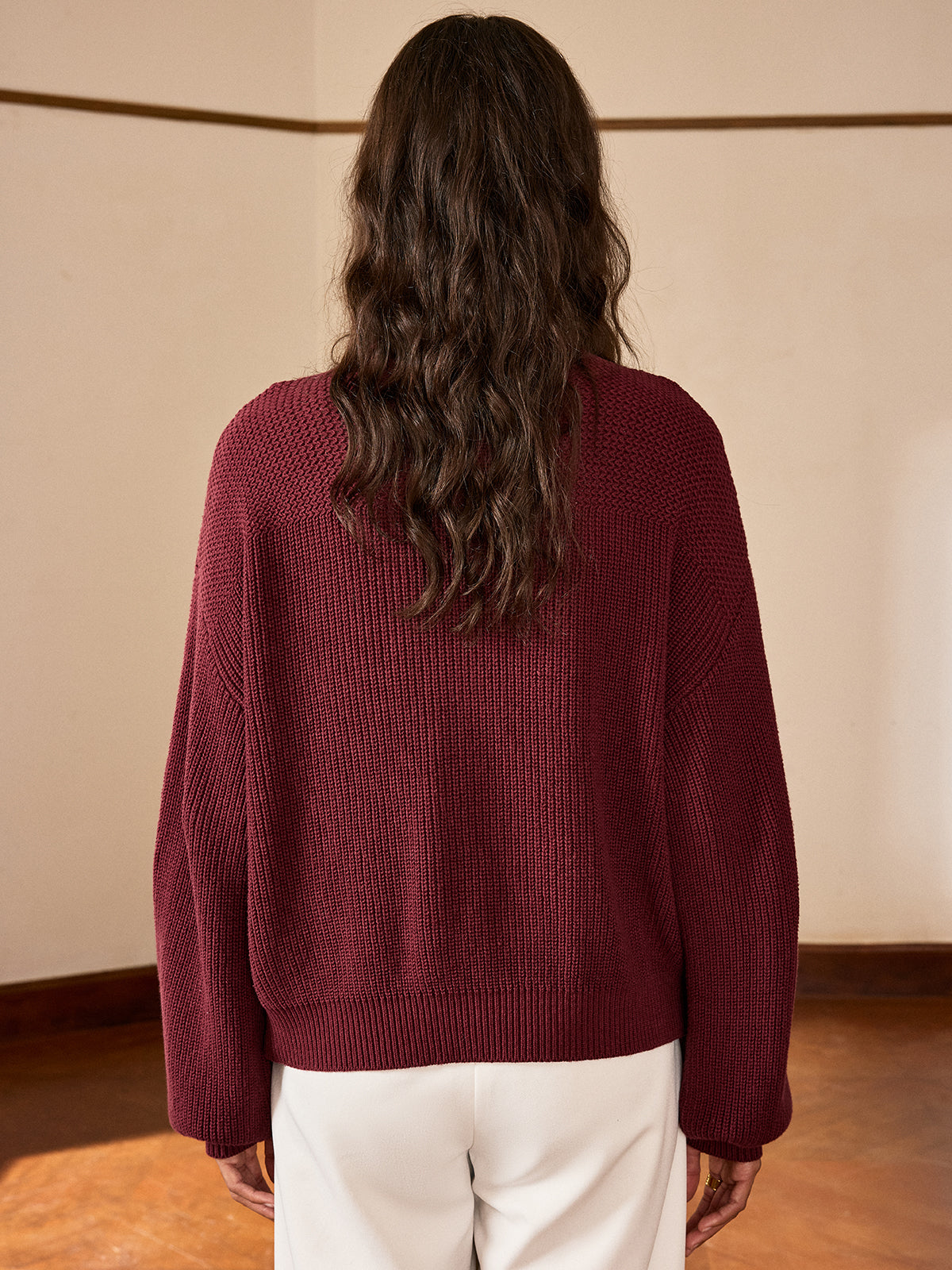 Metal Button-Front Knit Top with Long Sleeves and V-Neck