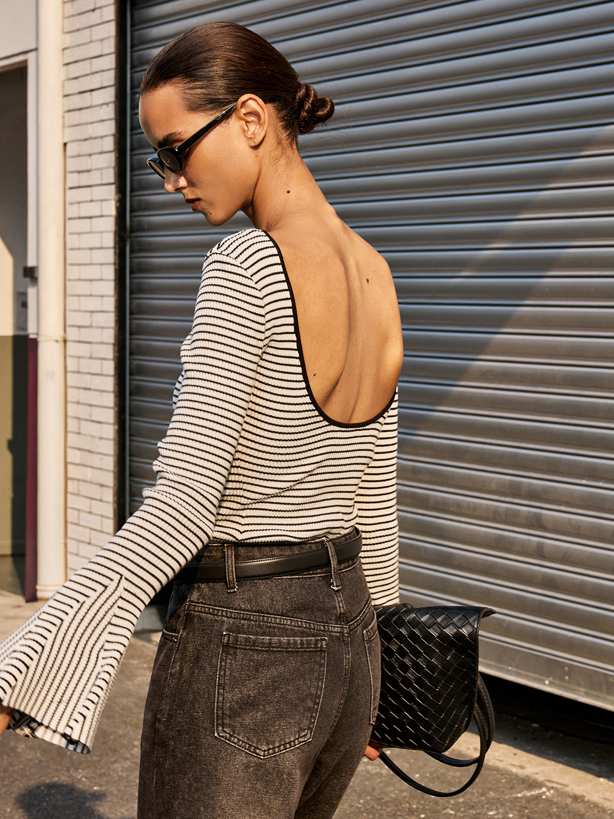 Flared Cuff Backless Striped Top - Women's Fashion Key Piece
