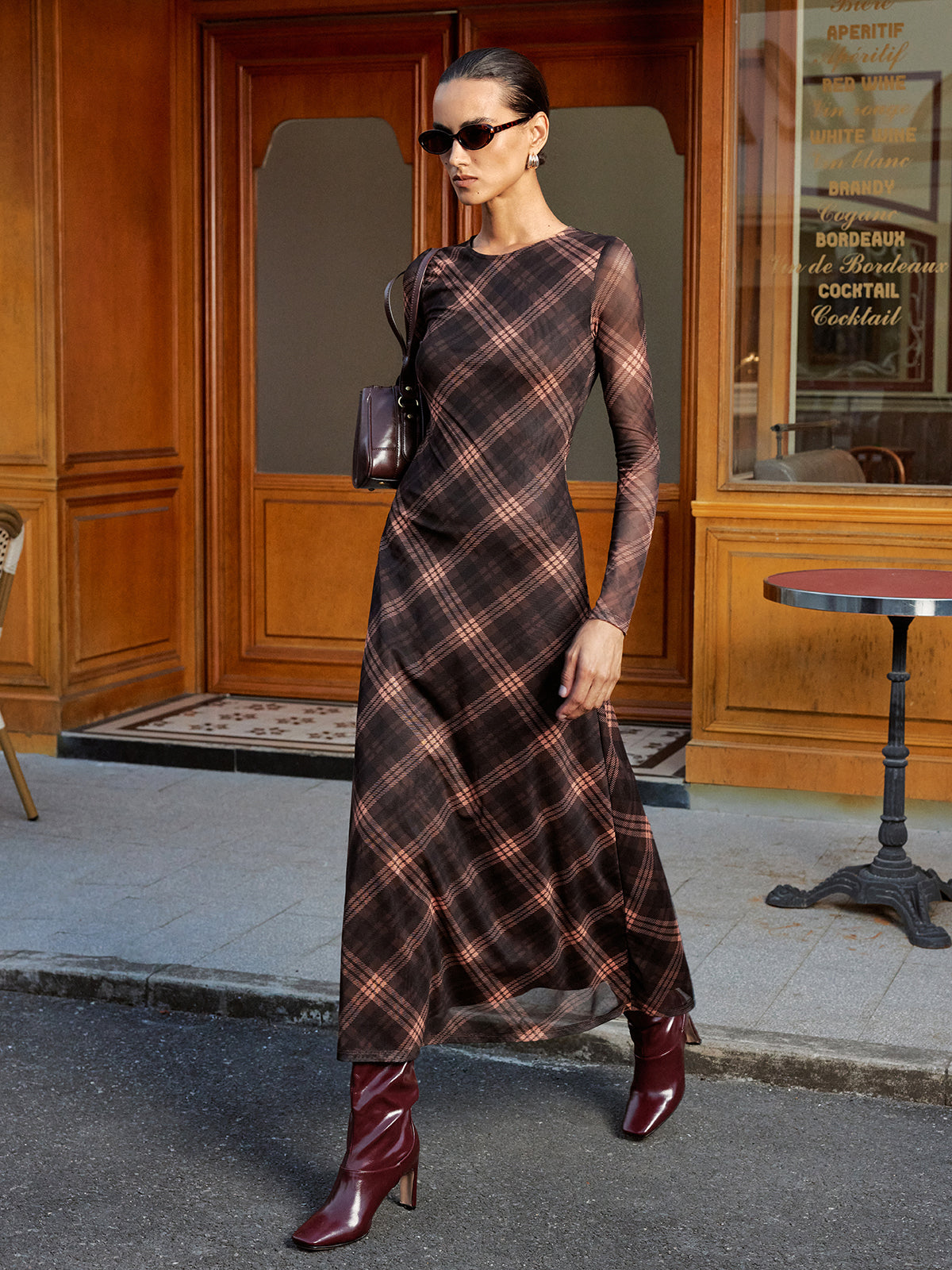Plaid Mesh Long Sleeve Maxi Dress with Ruffled Hem and V-Neck