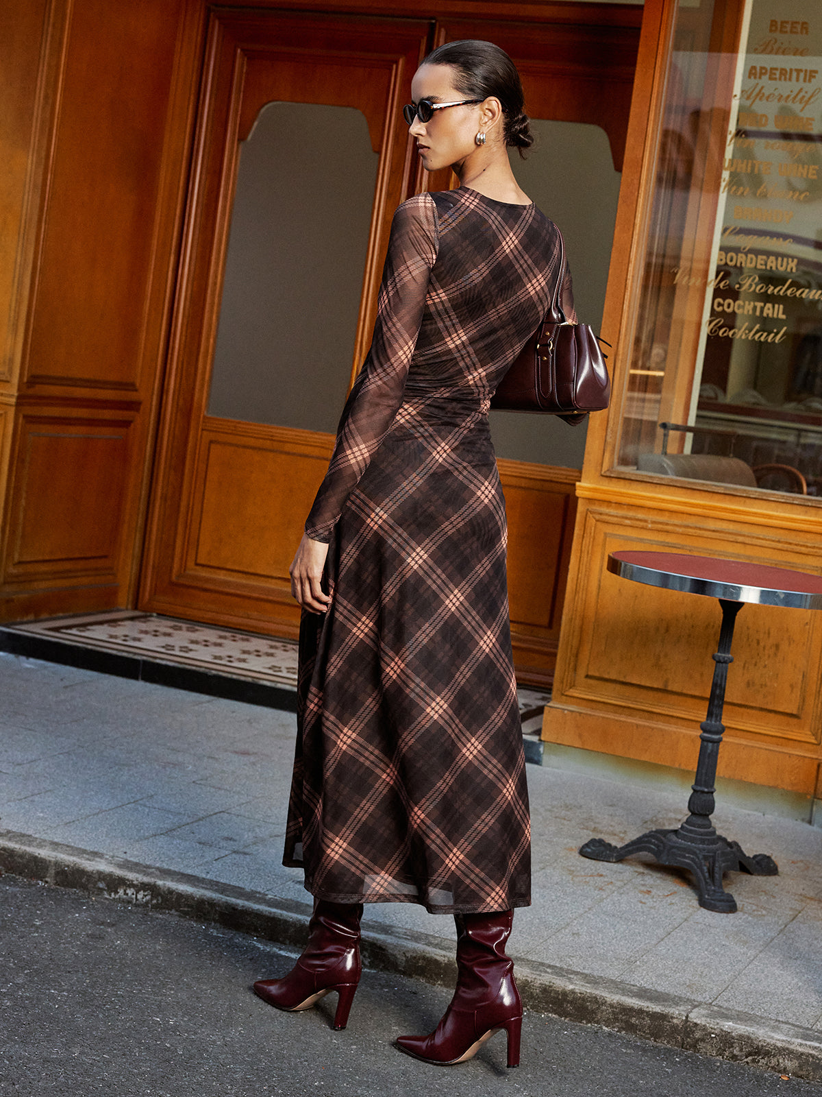 Plaid Mesh Long Sleeve Maxi Dress with Ruffled Hem and V-Neck