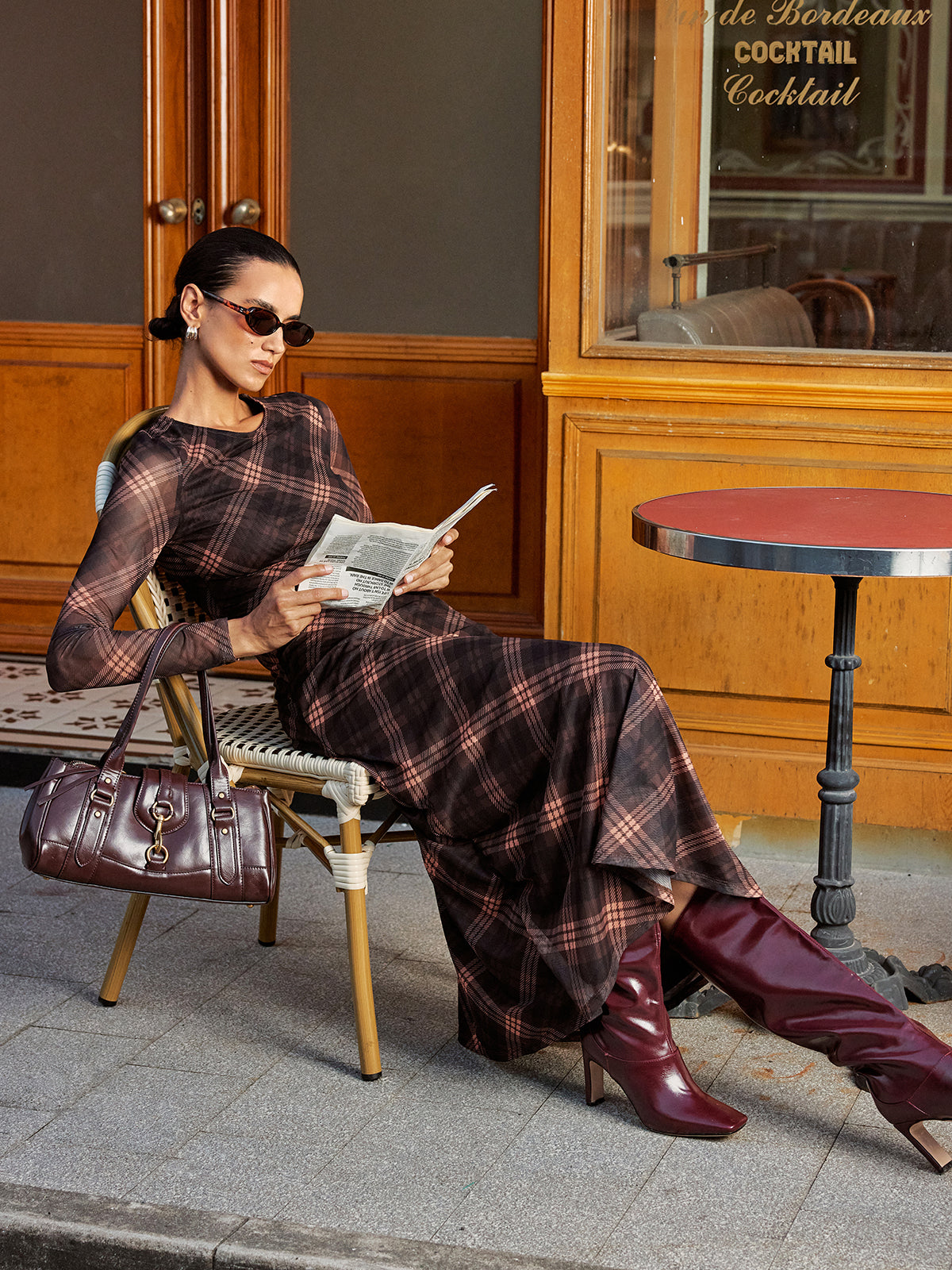 Plaid Mesh Long Sleeve Maxi Dress with Ruffled Hem and V-Neck