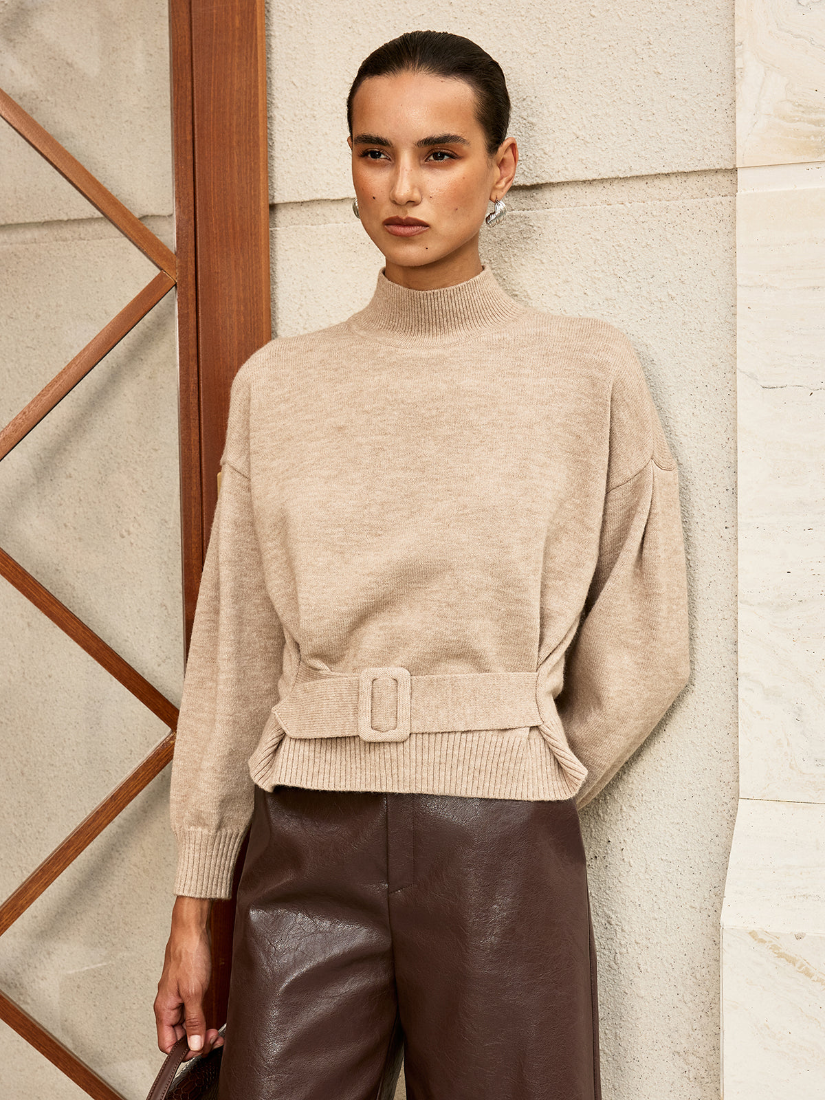 Wool Blend Mock Neck Belted Sweater for Women Cozy Winter Fashion