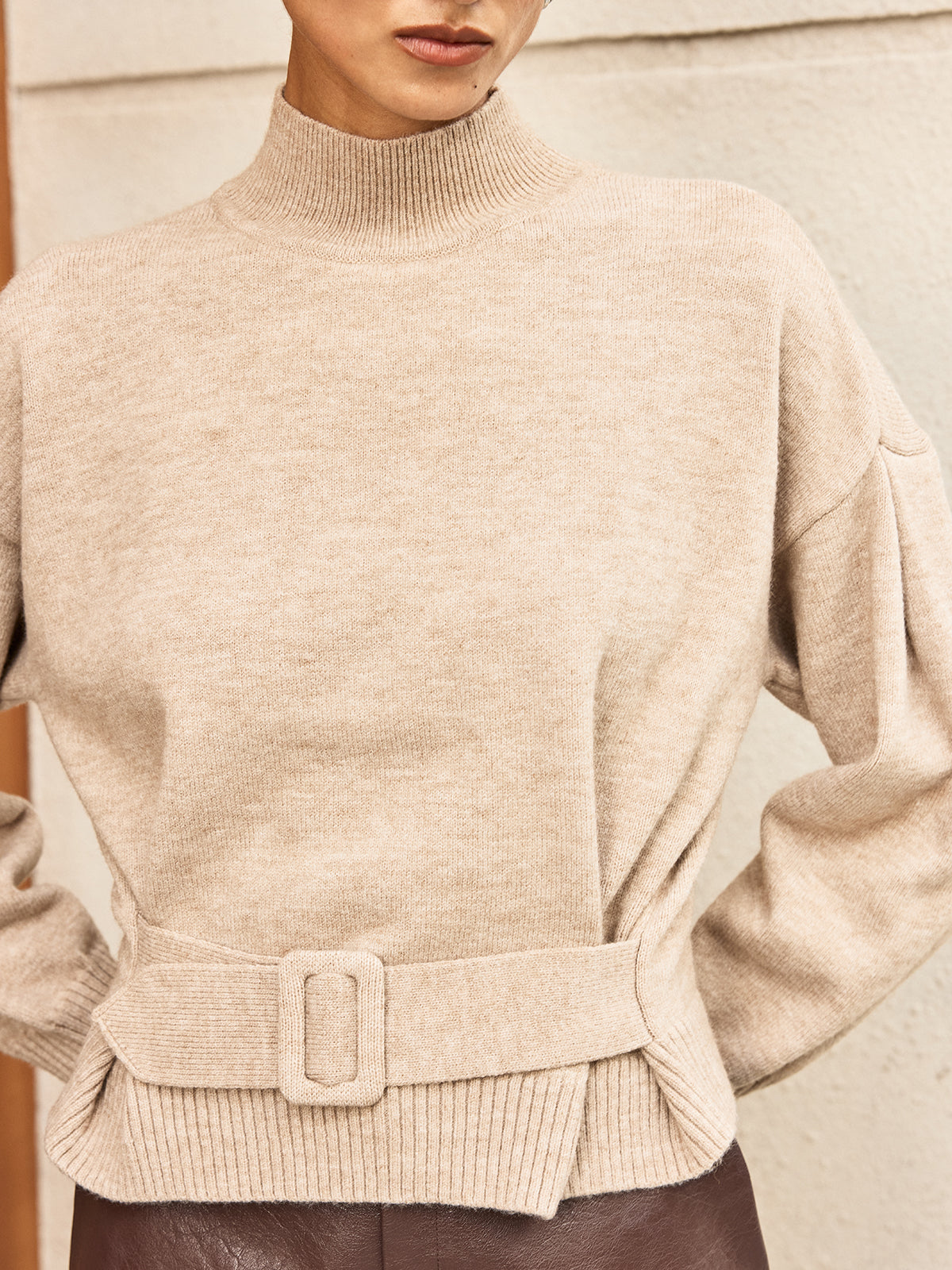 Wool Blend Mock Neck Belted Sweater for Women Cozy Winter Fashion