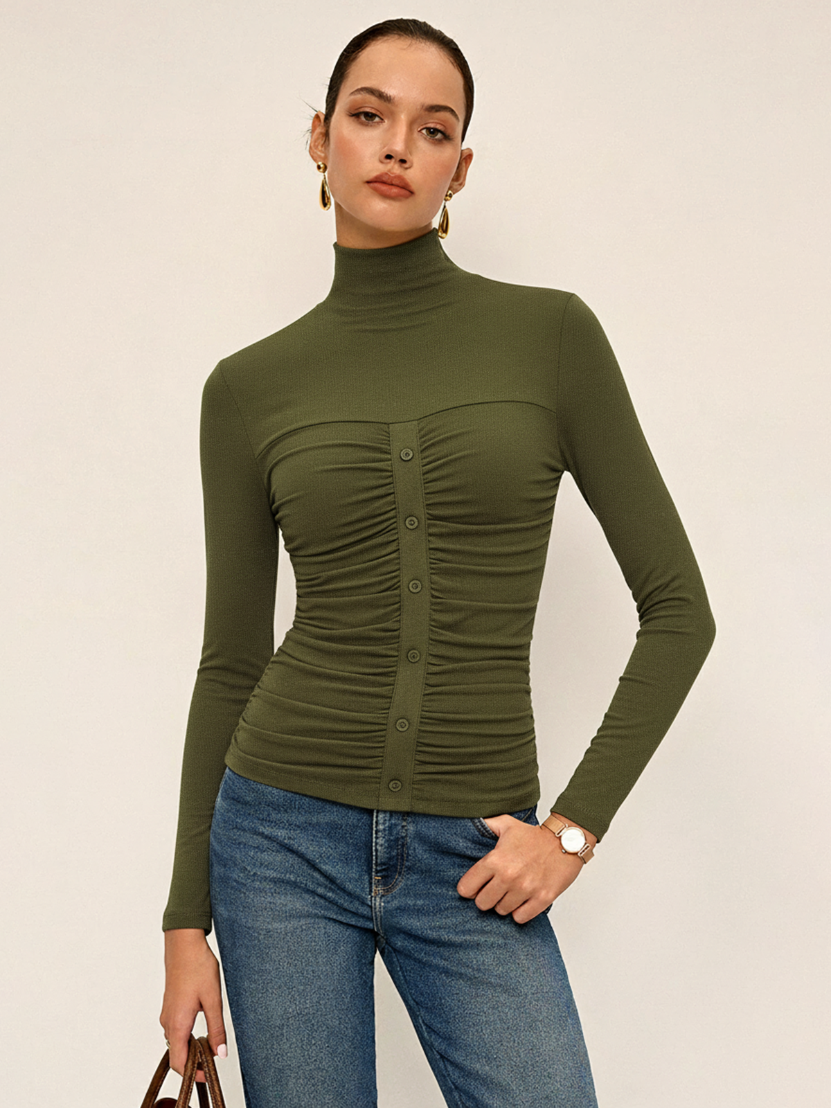 Turtleneck Ruched Decor Button Knit Top Women's Casual Winter Style