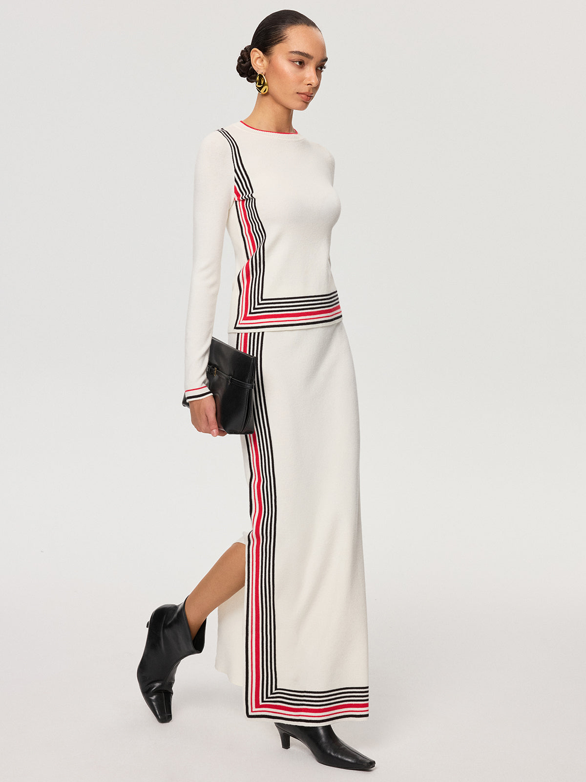 Striped Wool-Blend Slit Maxi Skirt for Women Winter Fashion