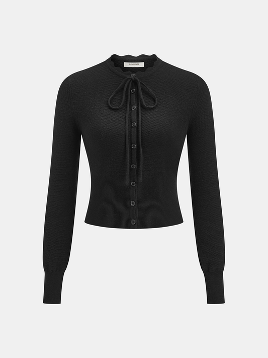 Tie Neck Button Fitted Cardigan Cozy Fall Essential