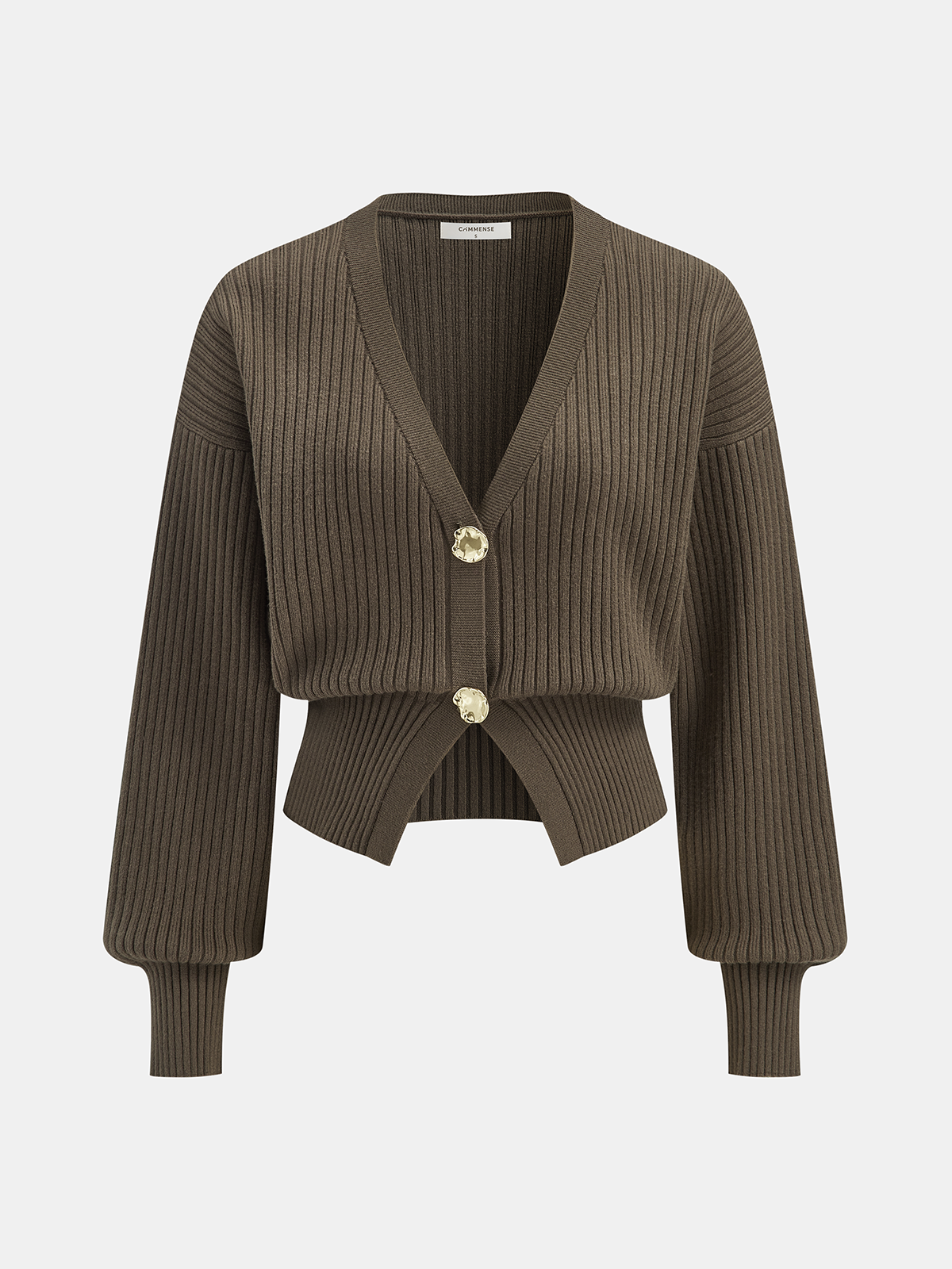Metal Button Ribbed Cardigan with Long Sleeves and V-Neck