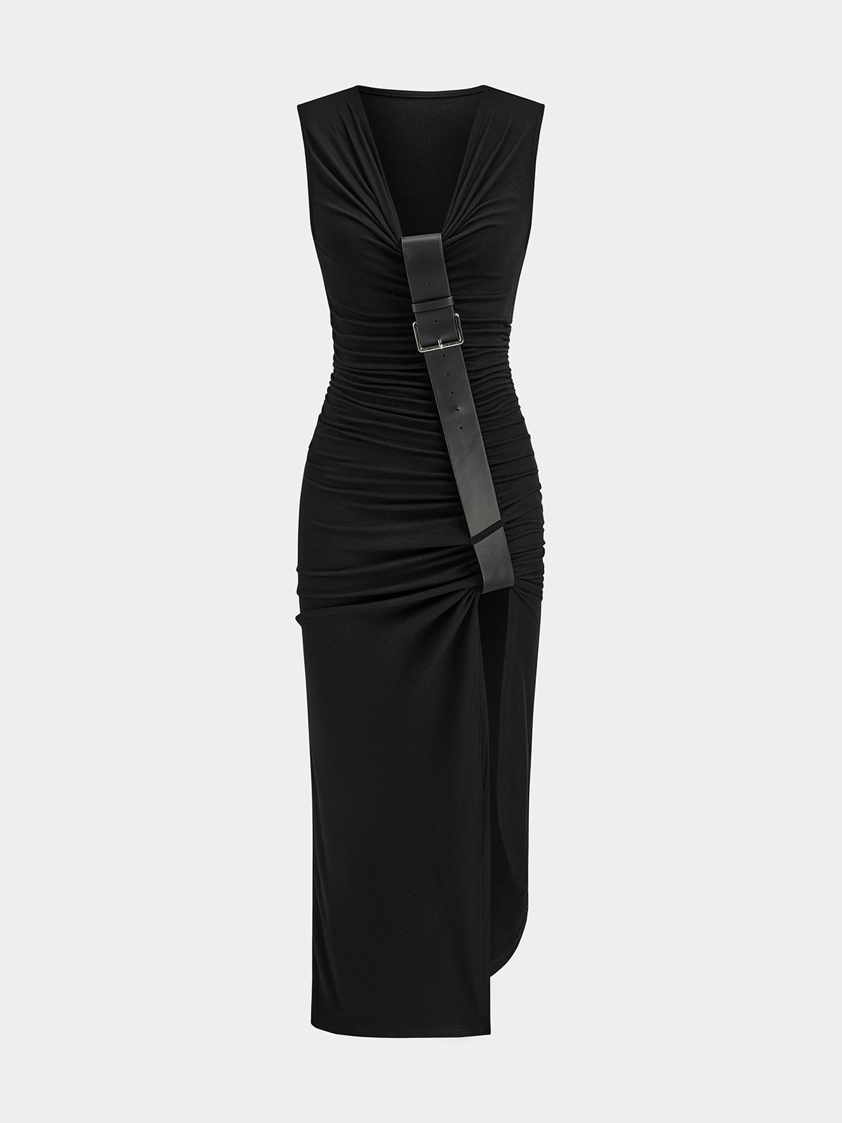 Belt-Decor Sleeveless Ruched Maxi Dress for Elegant Evening Wear