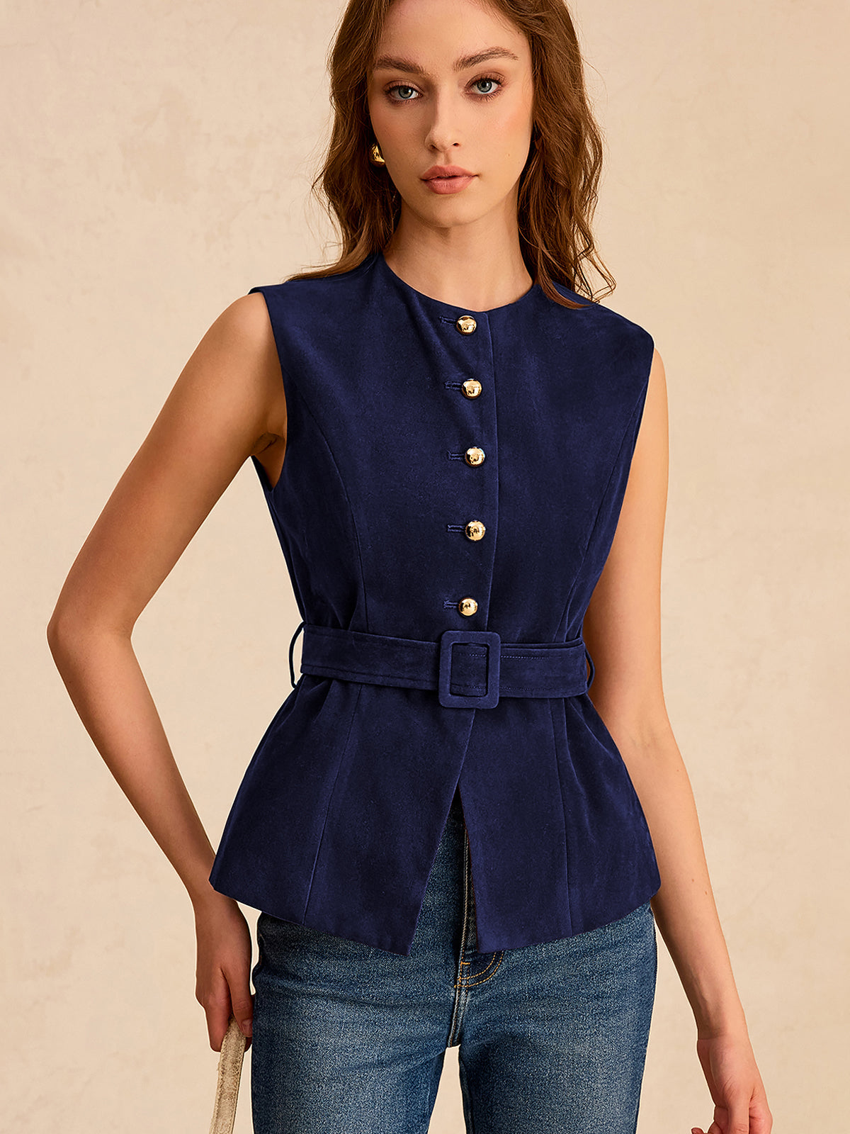 Suede Effect Vest with Belt Fashionable LightWeight Outerwear