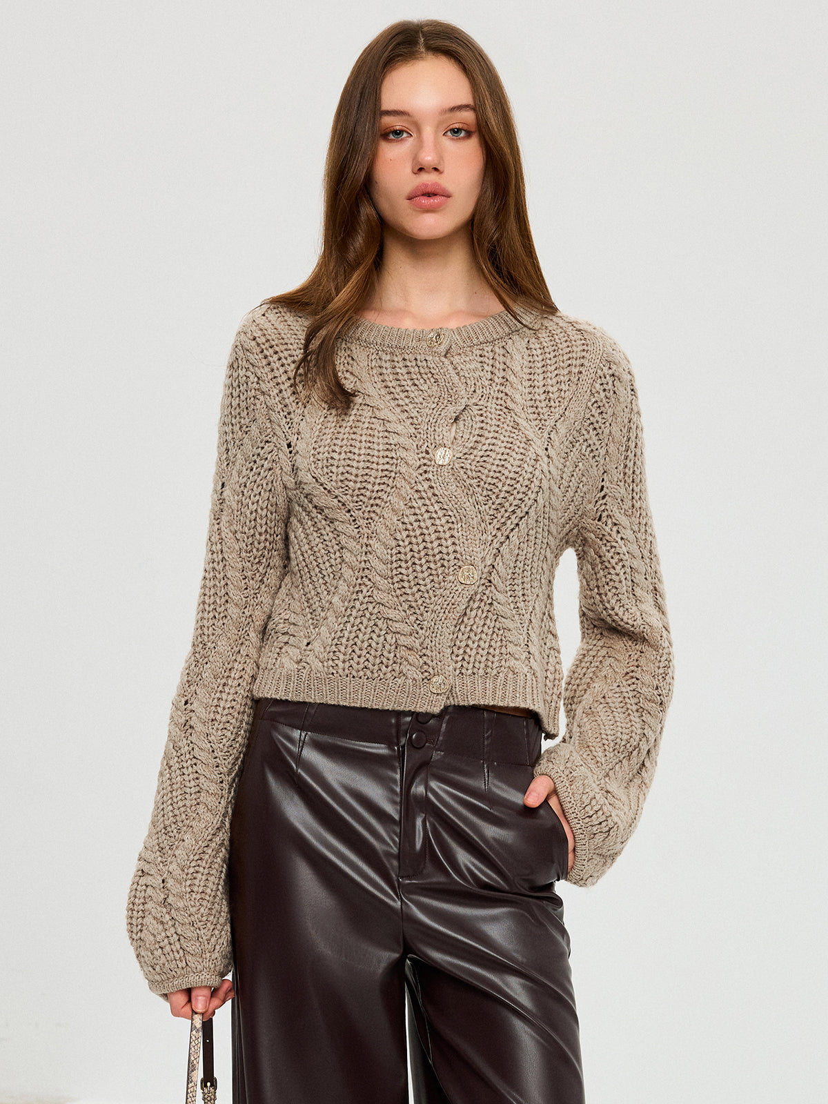 Wool Blend Cable Knit Cardigan with Button Closure