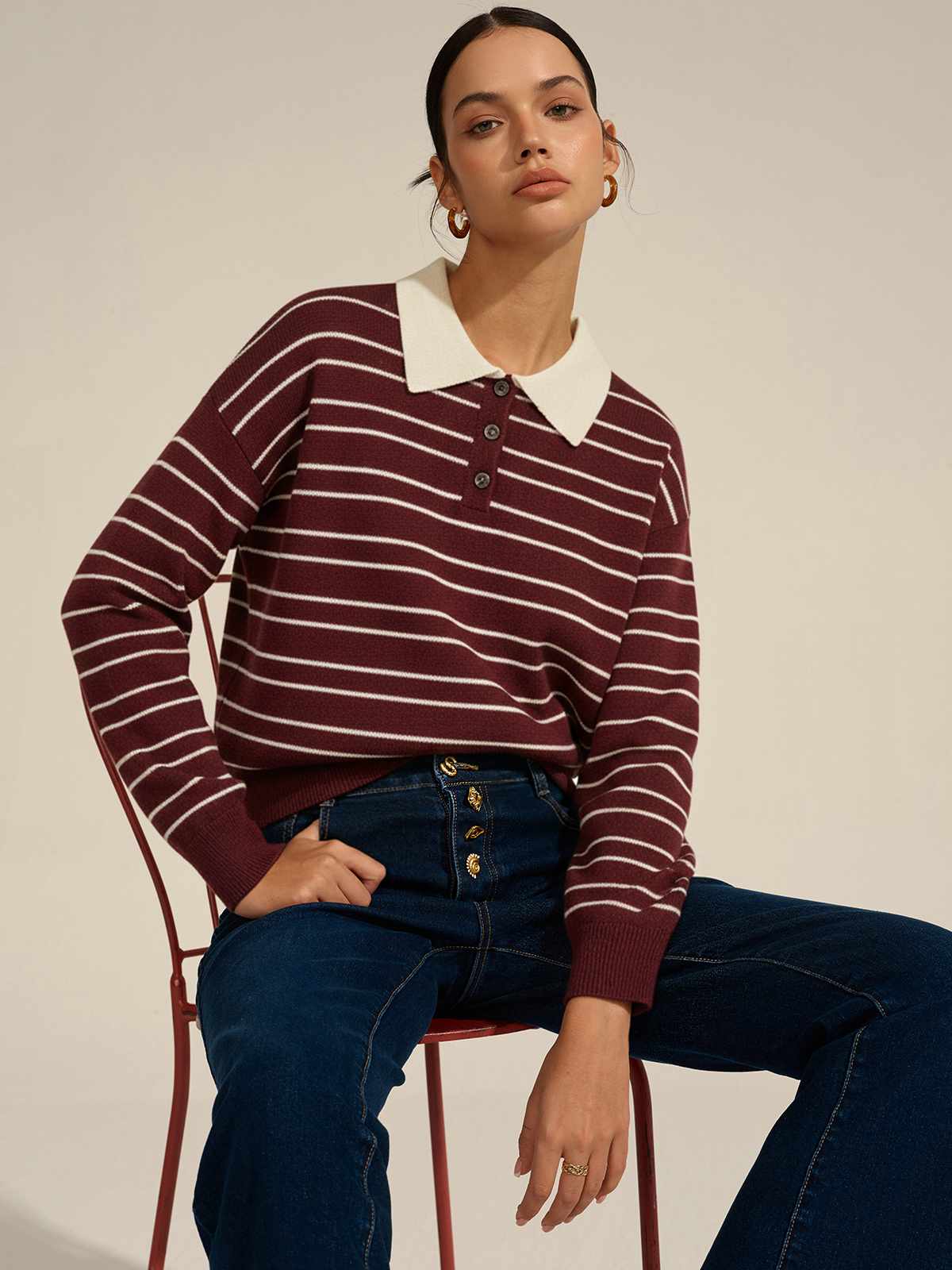 Striped Long Sleeved Knit Polo Top for Casual Wear