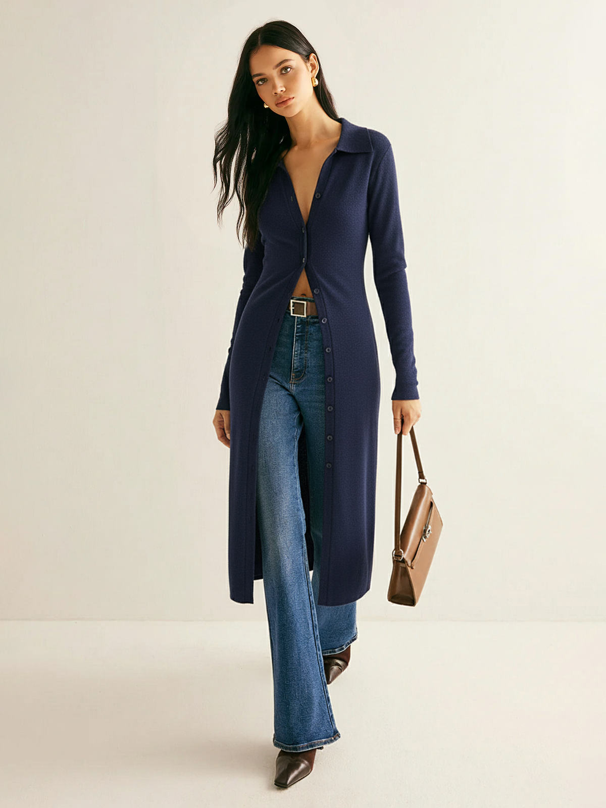 Collared Button Front Longline Knit Cardigan with Pockets and Cuffs