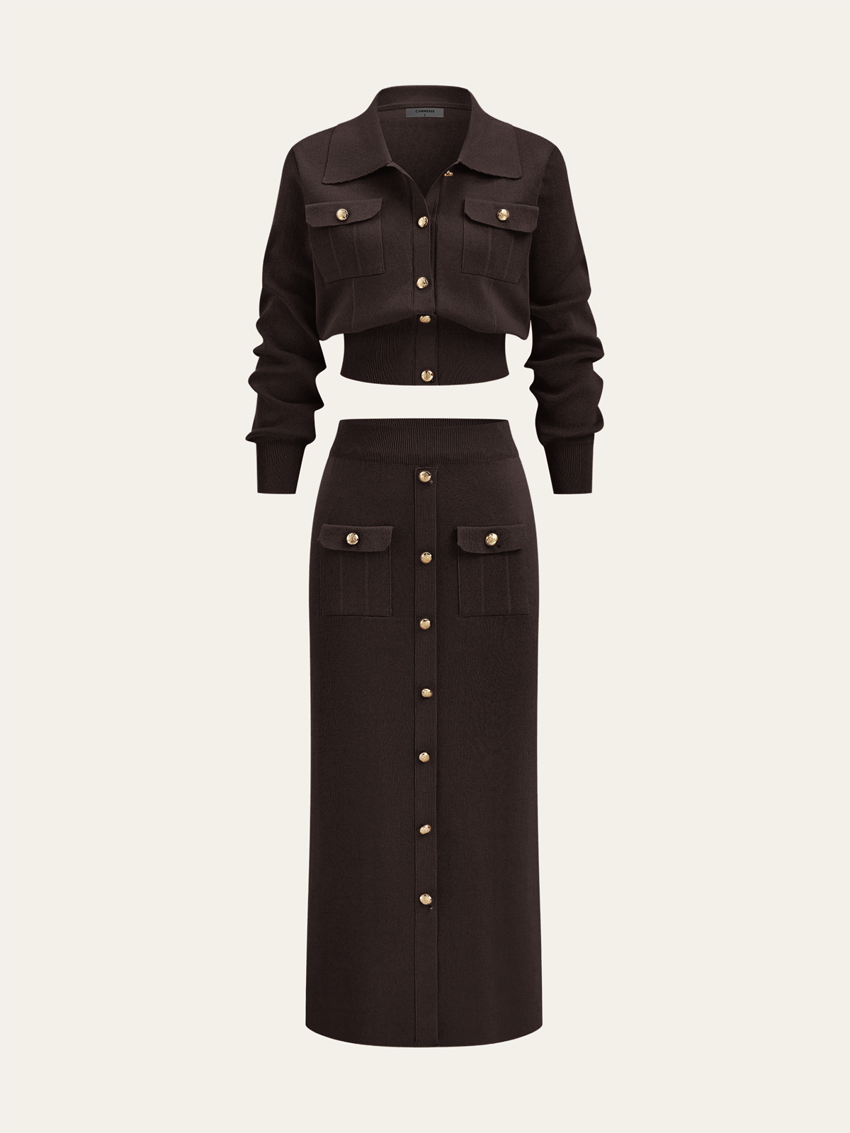 Metal Button Collared Cardigan and Midi Skirt Set - Trendy Women's Autumn Outfit