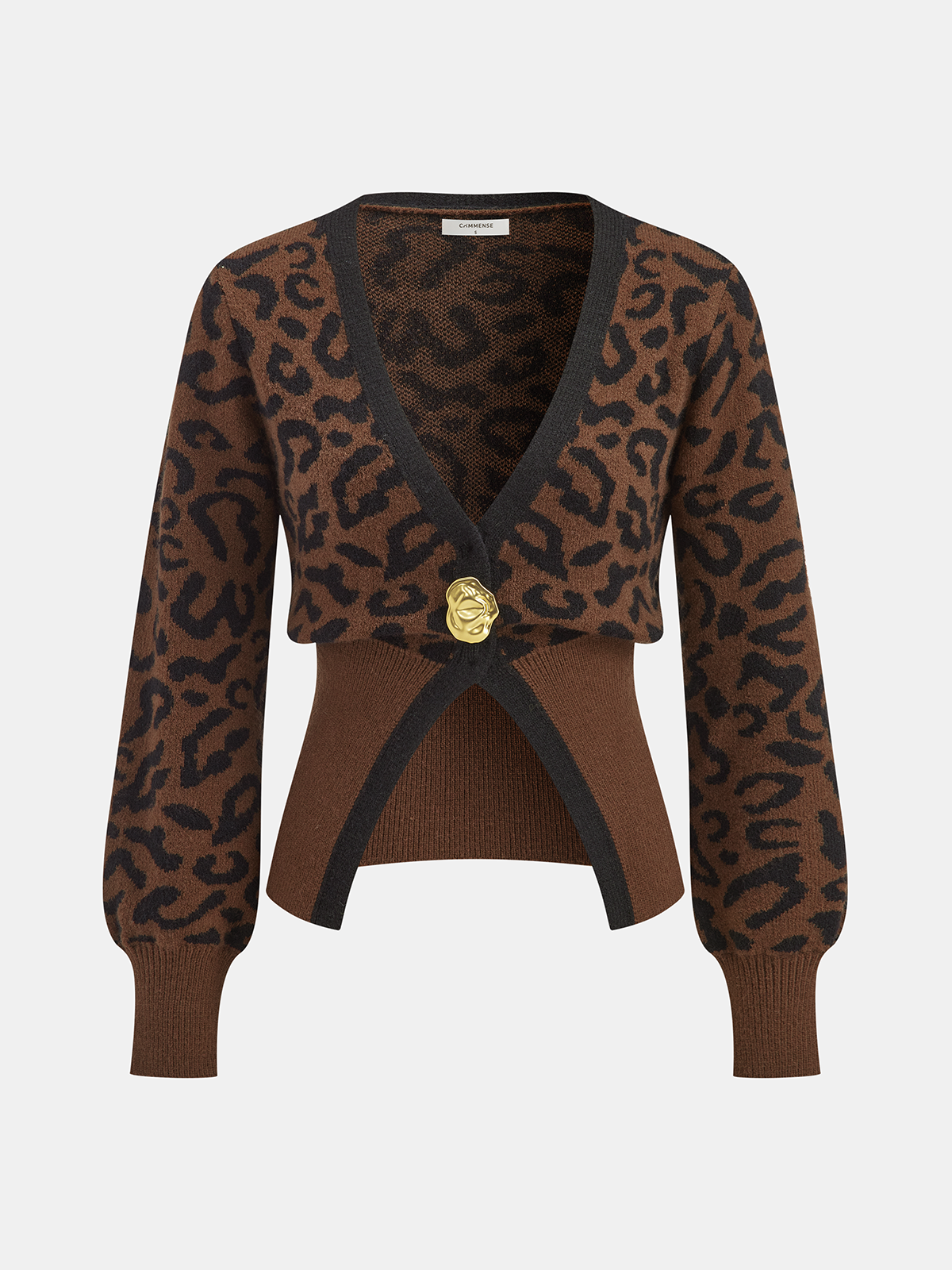 Metal Button Leopard Print Knit Top with Long Sleeves and Crew Neck