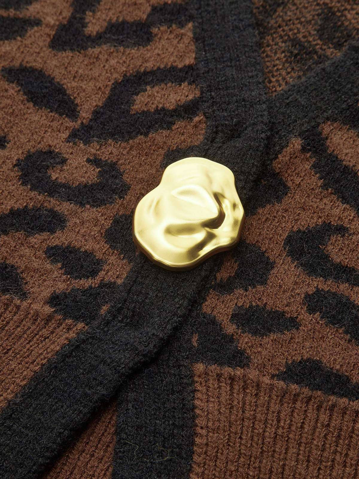 Metal Button Leopard Print Knit Top with Long Sleeves and Crew Neck