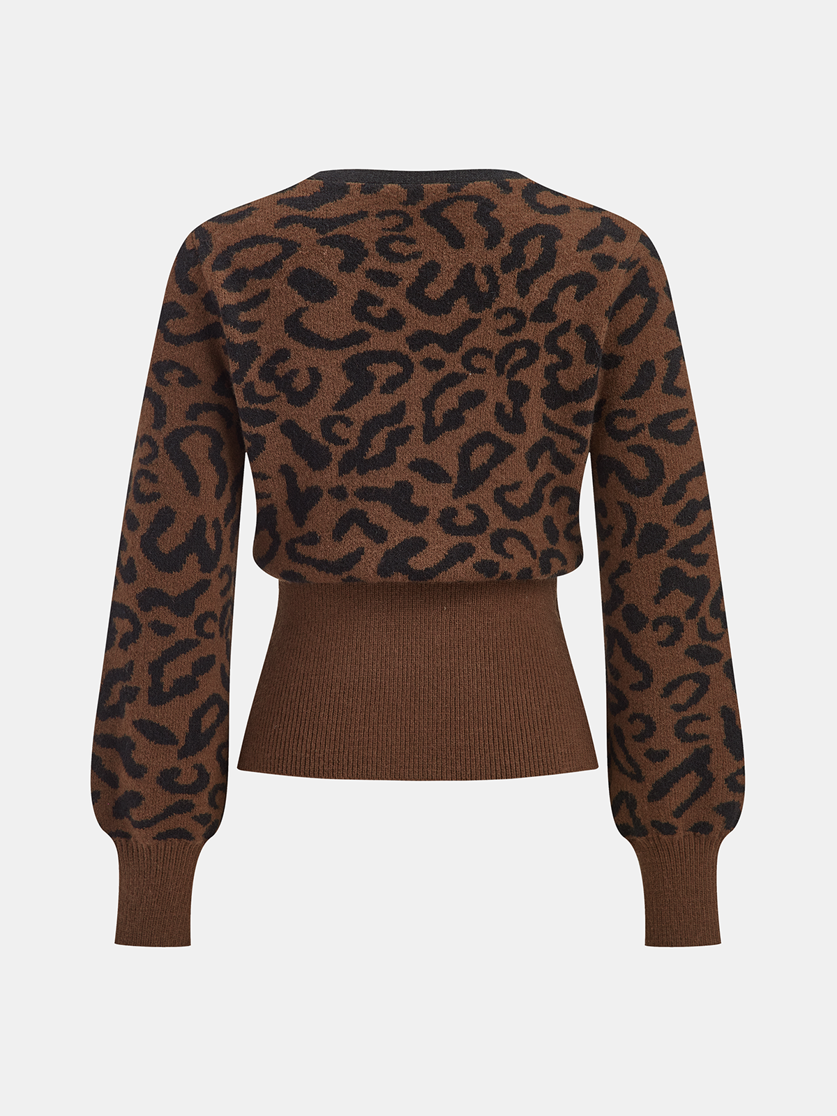Metal Button Leopard Print Knit Top with Long Sleeves and Crew Neck