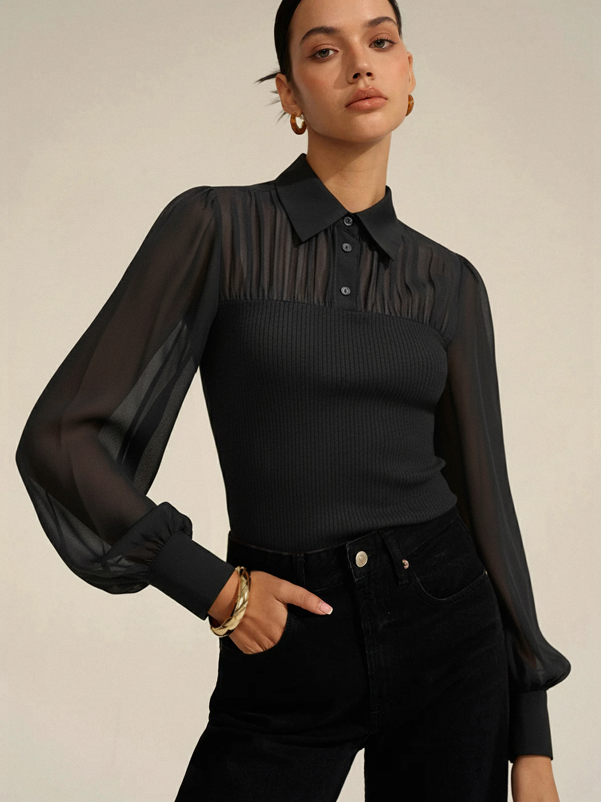 Ribbed Panel Semi-Sheer Long-Sleeve Shirt for Women, Lightweight Casual Top