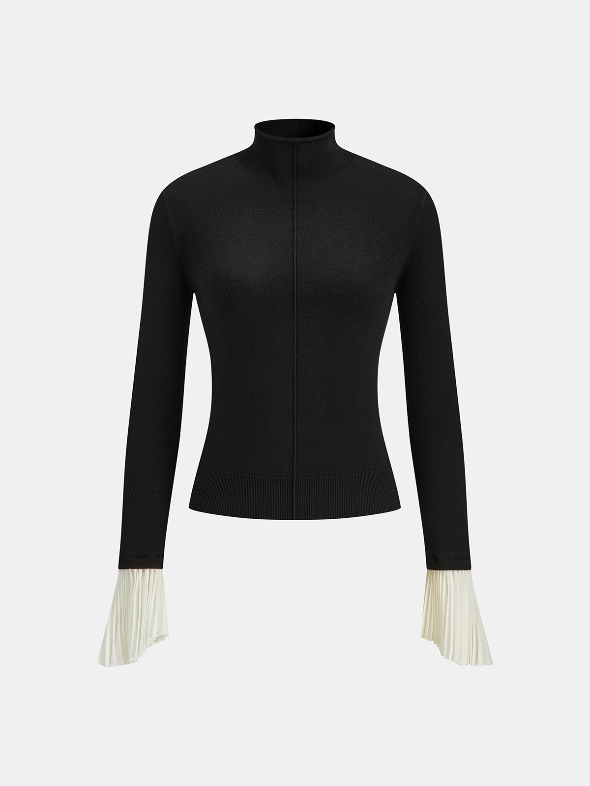 Contrast Pleated Cuff Mock Neck Sweater - Women's Elegant Fall Fashion