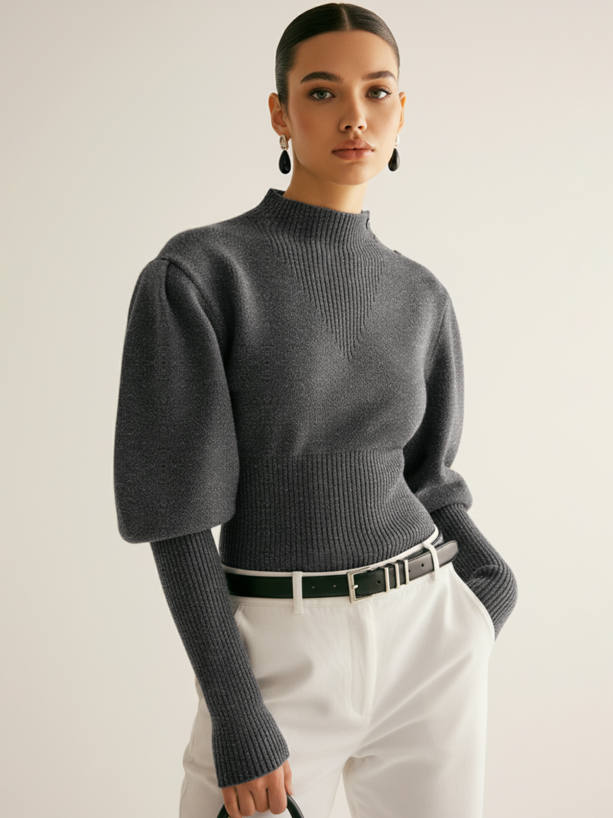 Leg-Of-Mutton Sleeve Button Detail Cozy Knit Women's Sweater