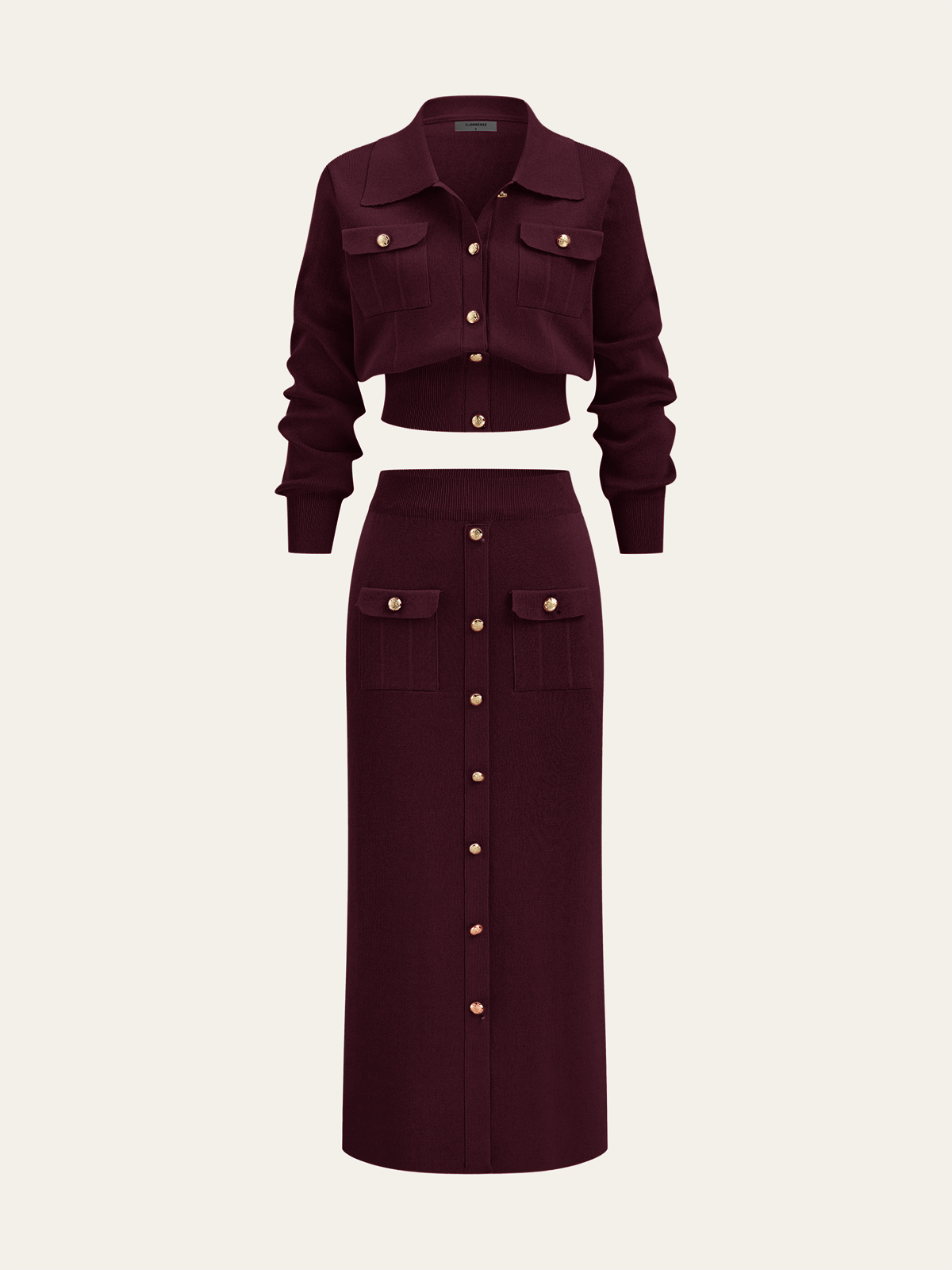 Metal Button Collared Cardigan and Midi Skirt Set - Trendy Women's Autumn Outfit