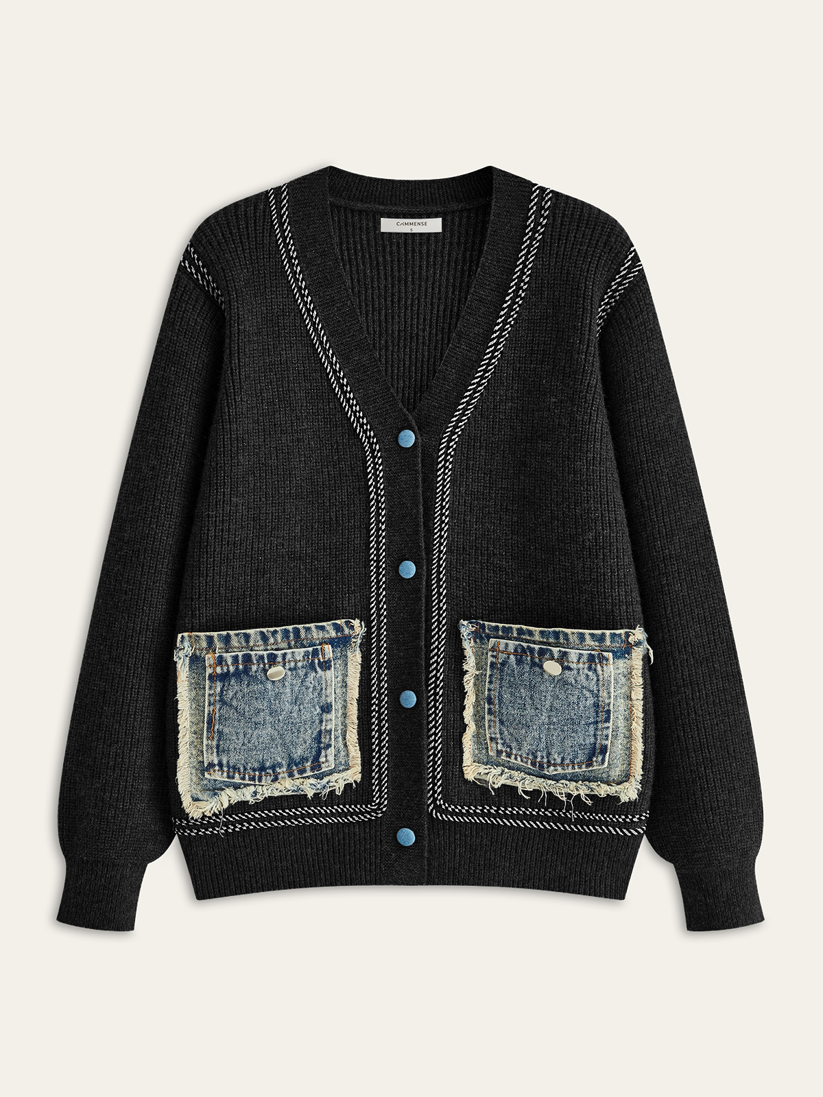 Contrast Trim Denim Panel Cardigan with Stylish Front Pockets