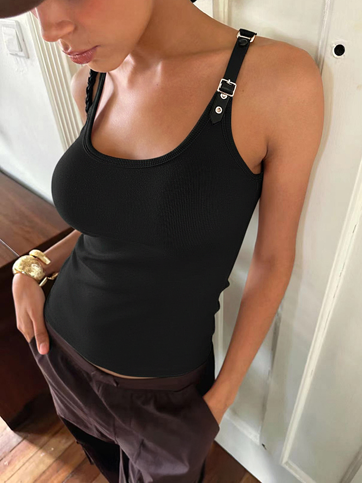 Ribbed Stretchy Faux Leather Buckle Vintage Tank Top with Adjustable Straps