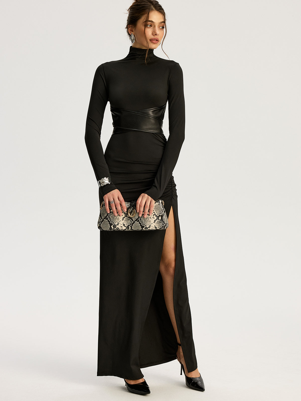 Belted High-Slit Turtleneck Maxi Dress for Women Winter Fashion