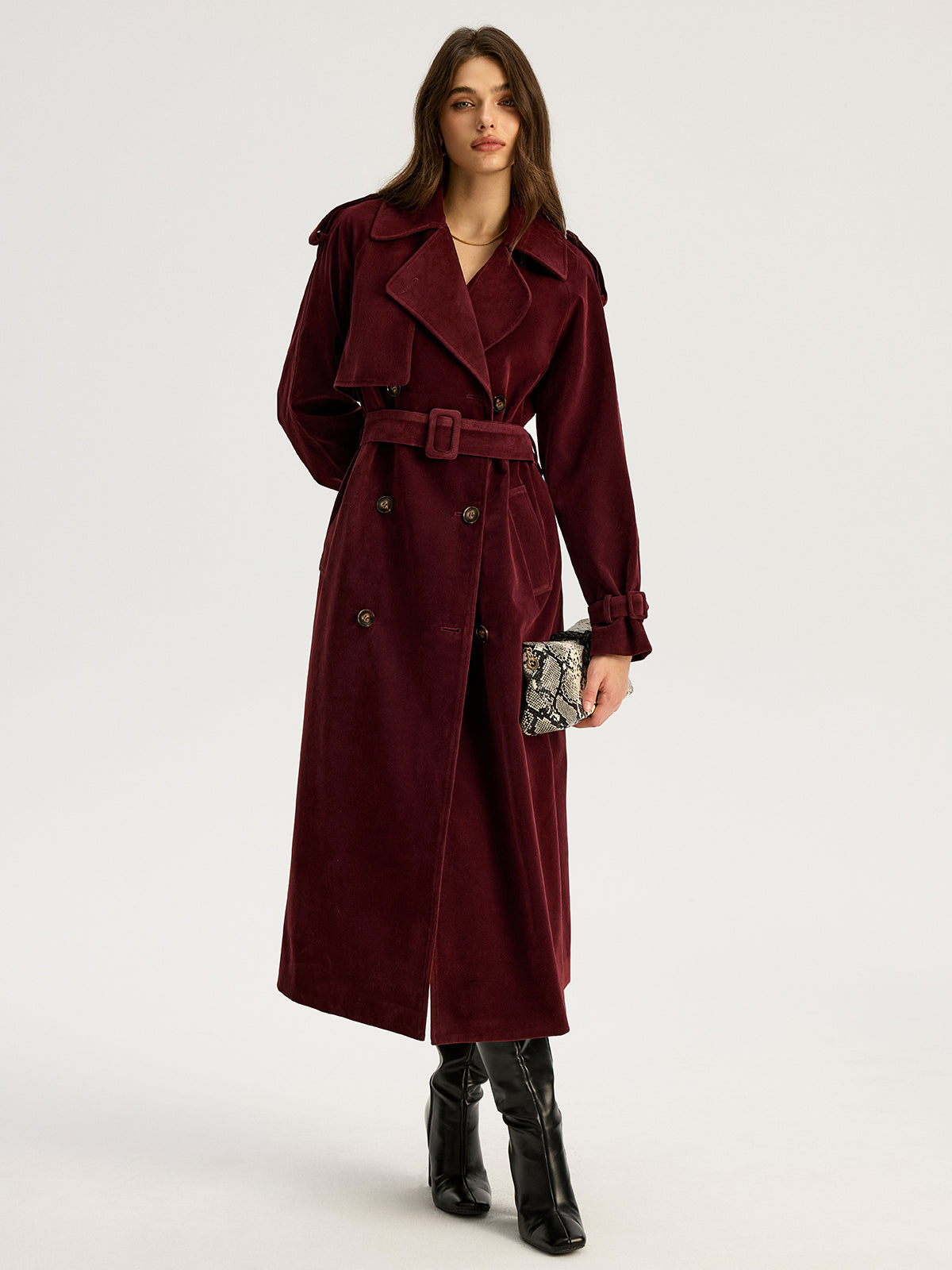 Belted Double-Breasted Suede Effect Long Trench Coat for Women's Fashion