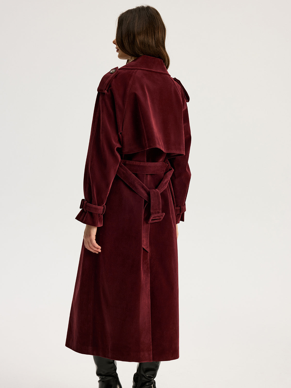 Belted Double-Breasted Suede Effect Long Trench Coat for Women's Fashion