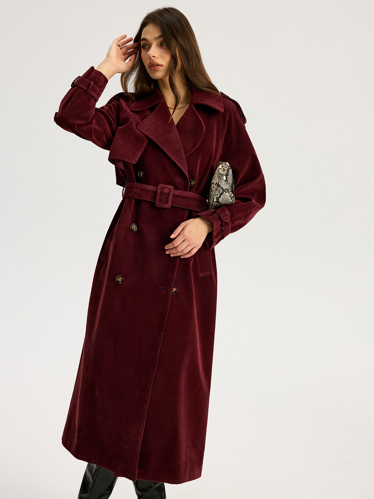 Belted Double-Breasted Suede Effect Long Trench Coat for Women's Fashion