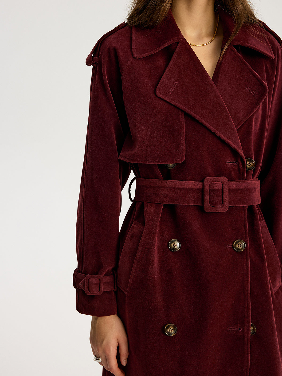 Belted Double-Breasted Suede Effect Long Trench Coat for Women's Fashion