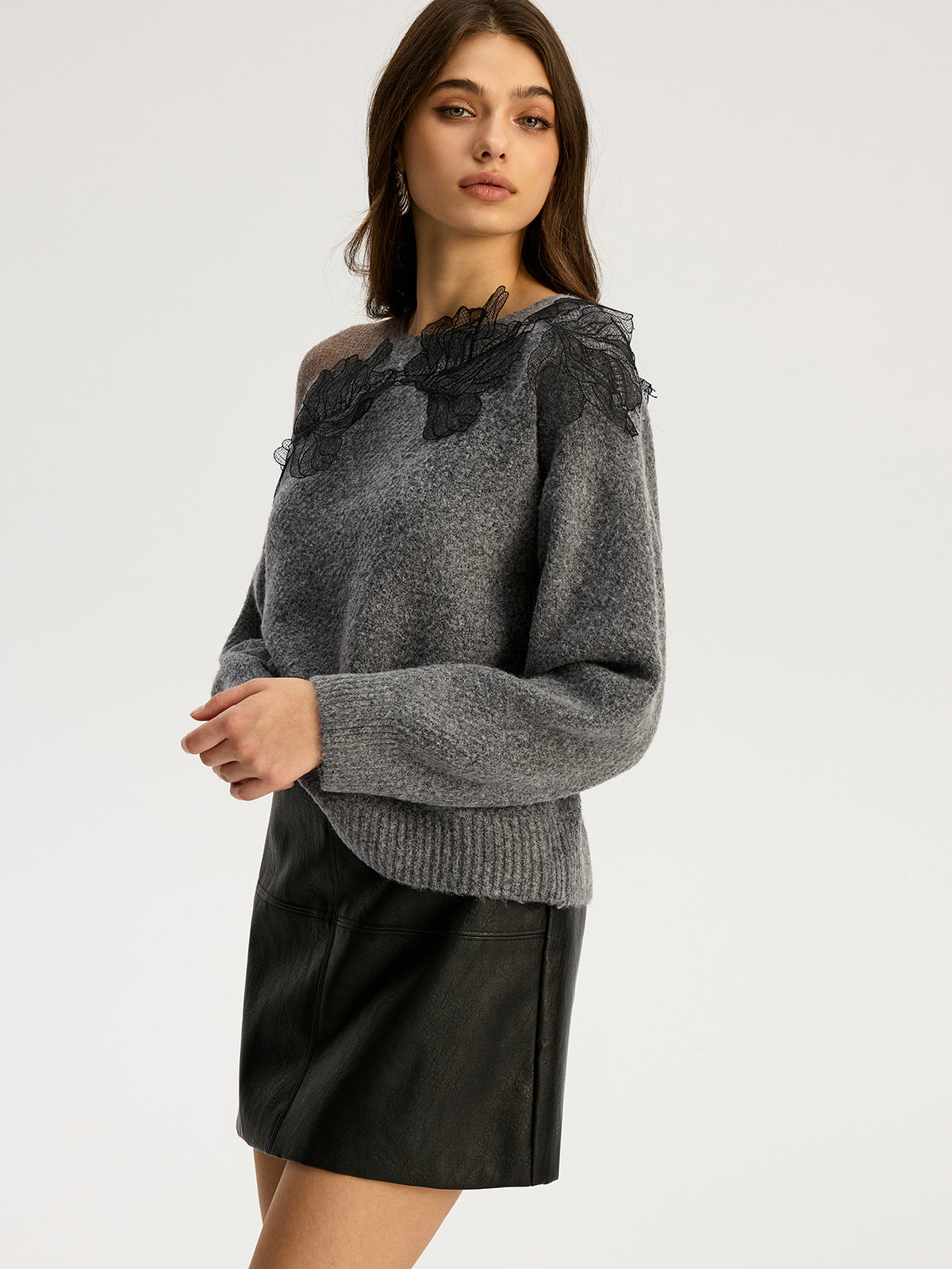 Floral Lace Sweater Semi Sheer Round Neck Sweater Comfortable Lightweight Knitwear