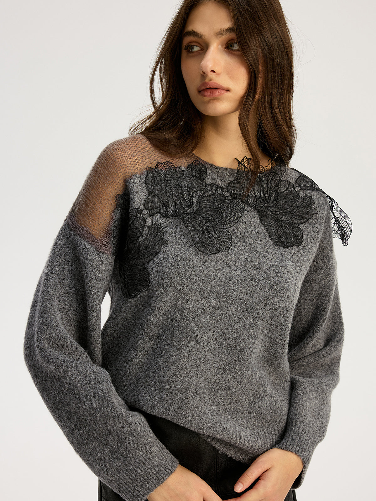 Floral Lace Sweater Semi Sheer Round Neck Sweater Comfortable Lightweight Knitwear