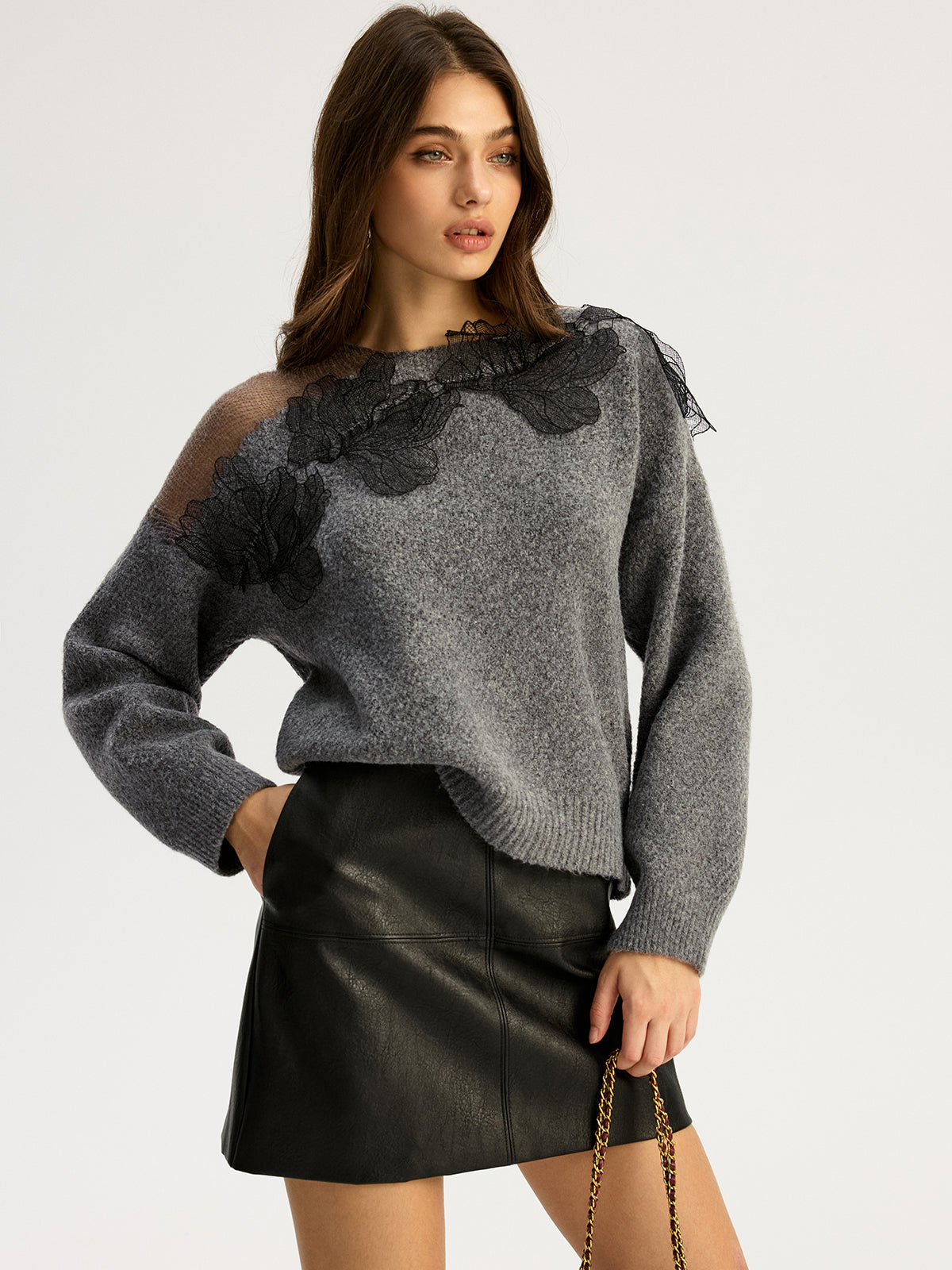 Floral Lace Sweater Semi Sheer Round Neck Sweater Comfortable Lightweight Knitwear