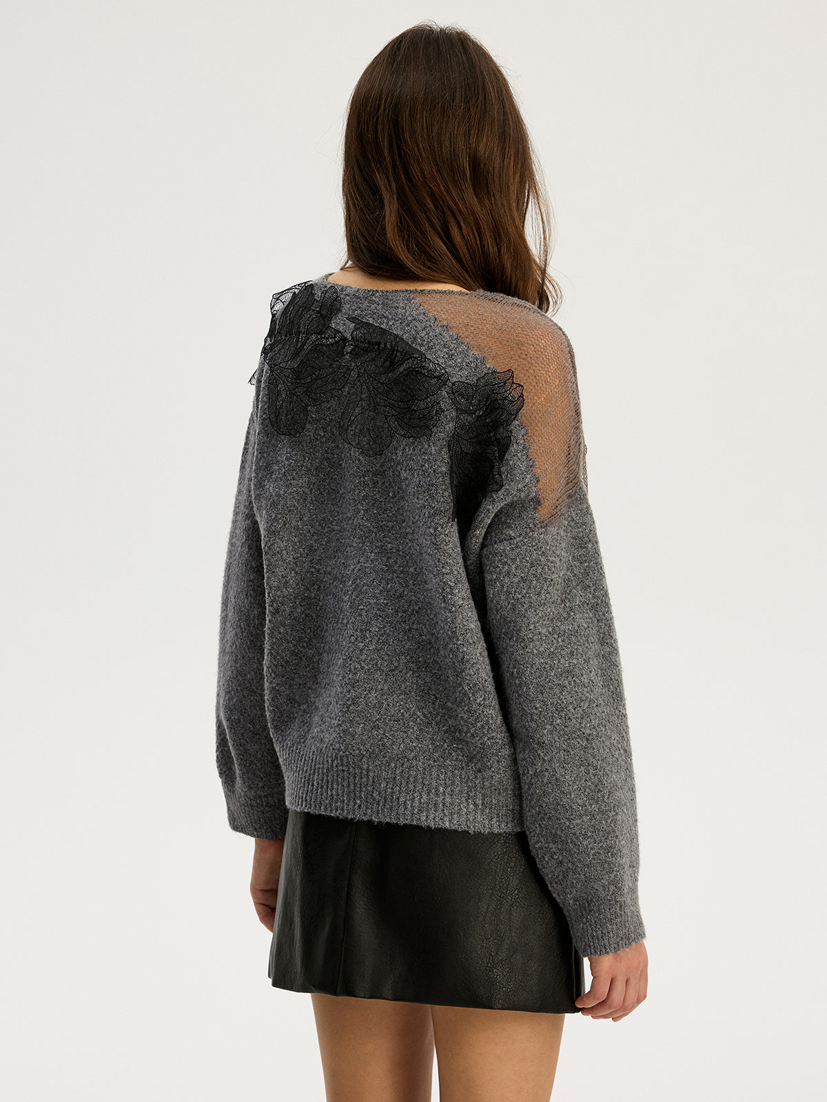 Floral Lace Sweater Semi Sheer Round Neck Sweater Comfortable Lightweight Knitwear