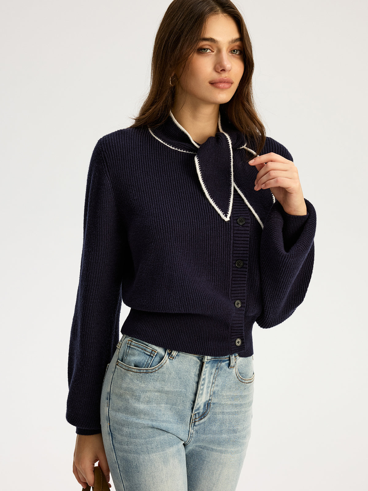 Tie Neck Button Knit Top - Women's Casual Long Sleeve Pullover